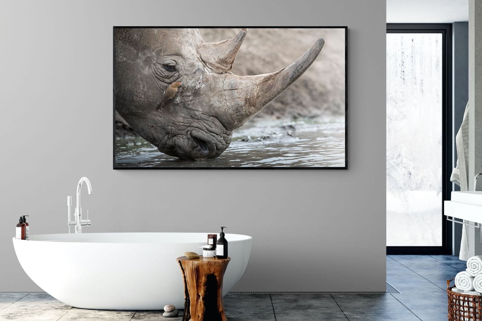Rhino & Friend-Wall_Art-180 x 110cm-Mounted Canvas-Black-Pixalot