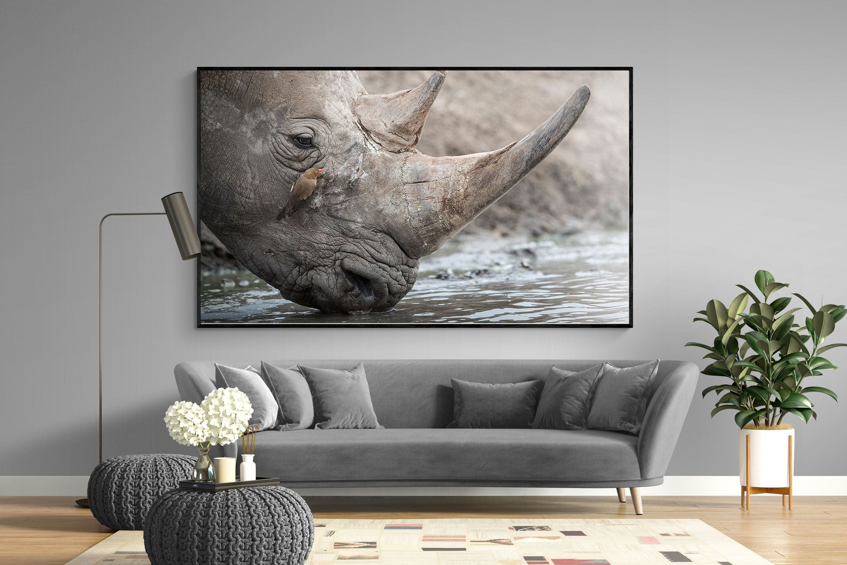 Rhino & Friend-Wall_Art-220 x 130cm-Mounted Canvas-Black-Pixalot