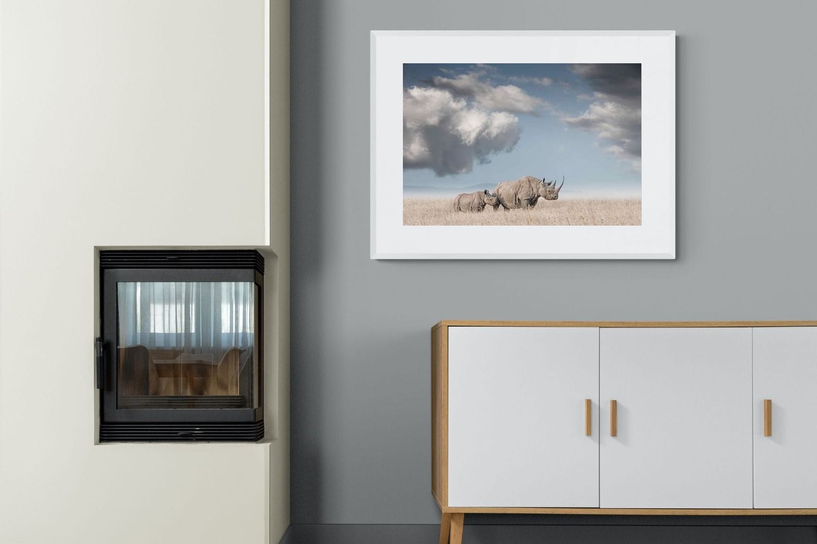 Rhino Mother & Calf-Wall_Art-100 x 75cm-Framed Print-White-Pixalot