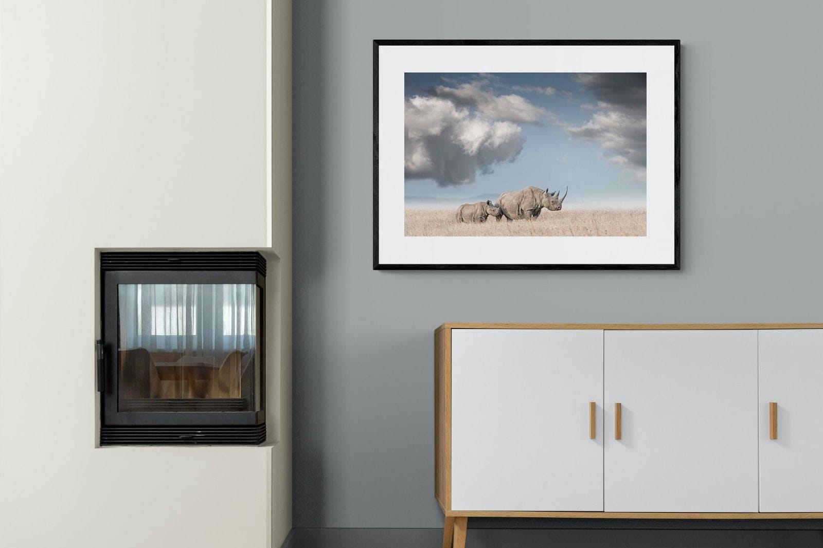 Rhino Mother & Calf-Wall_Art-100 x 75cm-Framed Print-Black-Pixalot