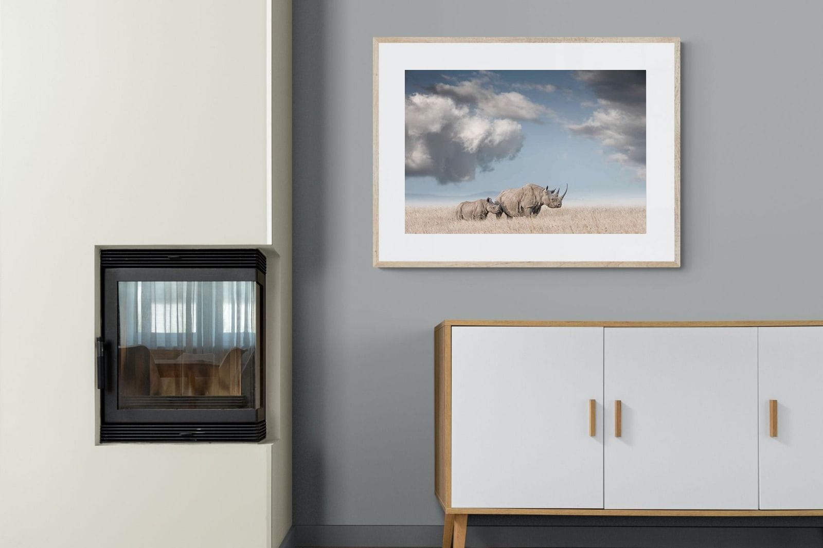 Rhino Mother & Calf-Wall_Art-100 x 75cm-Framed Print-Wood-Pixalot