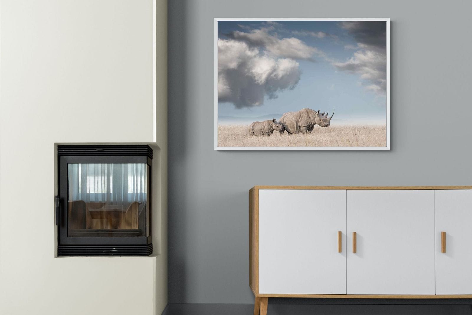 Rhino Mother & Calf-Wall_Art-100 x 75cm-Mounted Canvas-White-Pixalot