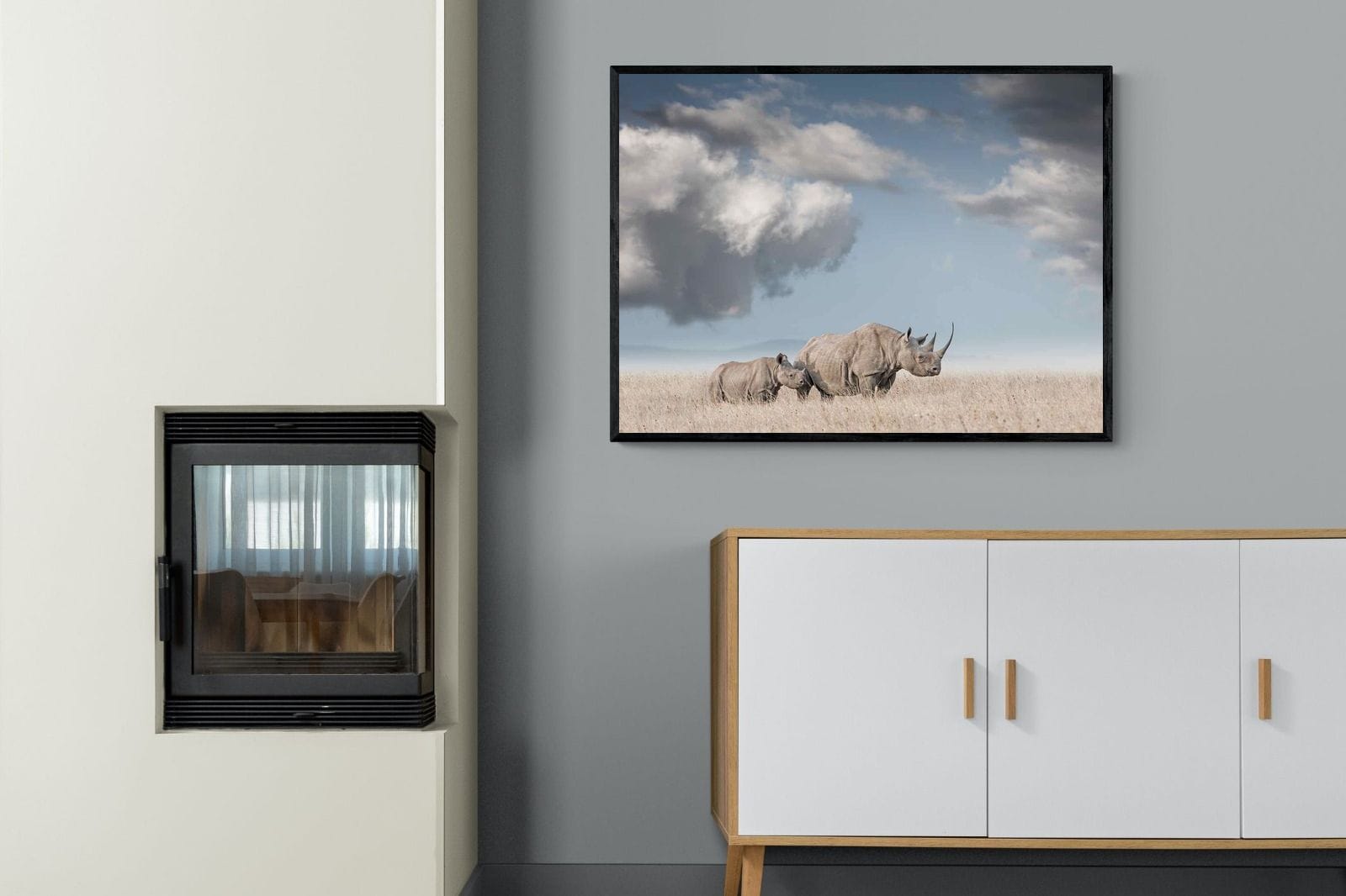 Rhino Mother & Calf-Wall_Art-100 x 75cm-Mounted Canvas-Black-Pixalot
