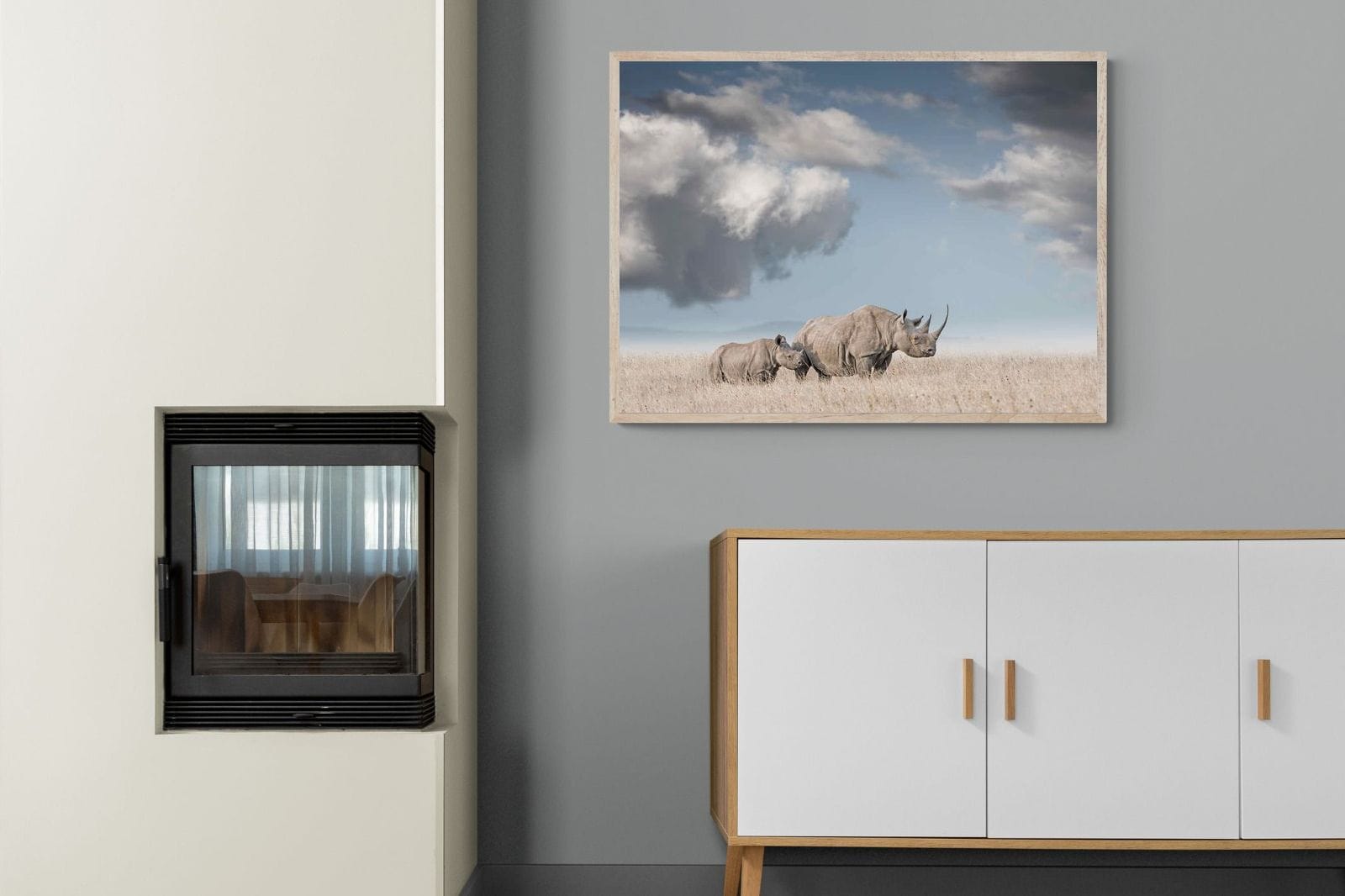 Rhino Mother & Calf-Wall_Art-100 x 75cm-Mounted Canvas-Wood-Pixalot