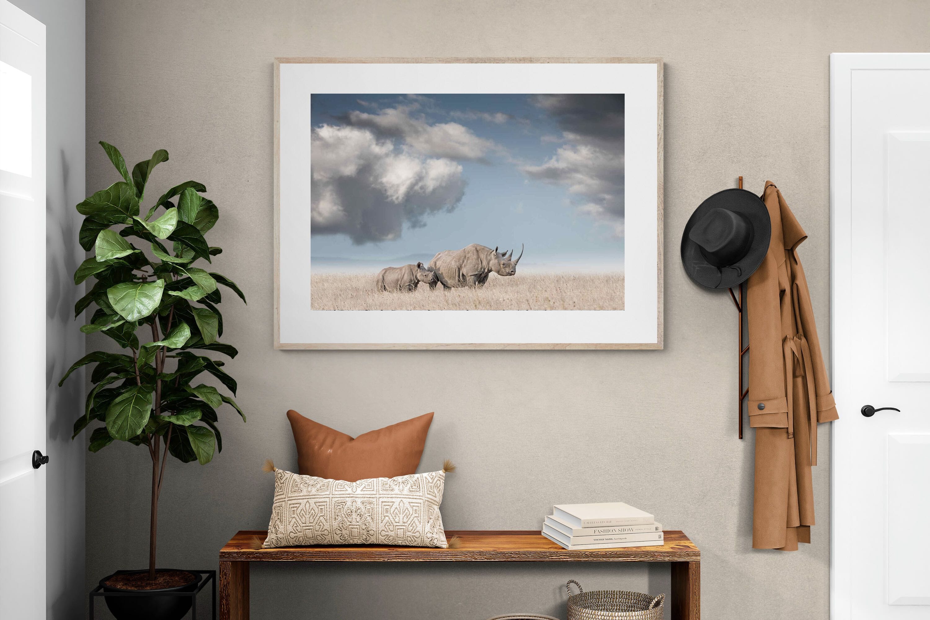 Rhino Mother & Calf-Wall_Art-120 x 90cm-Framed Print-Wood-Pixalot