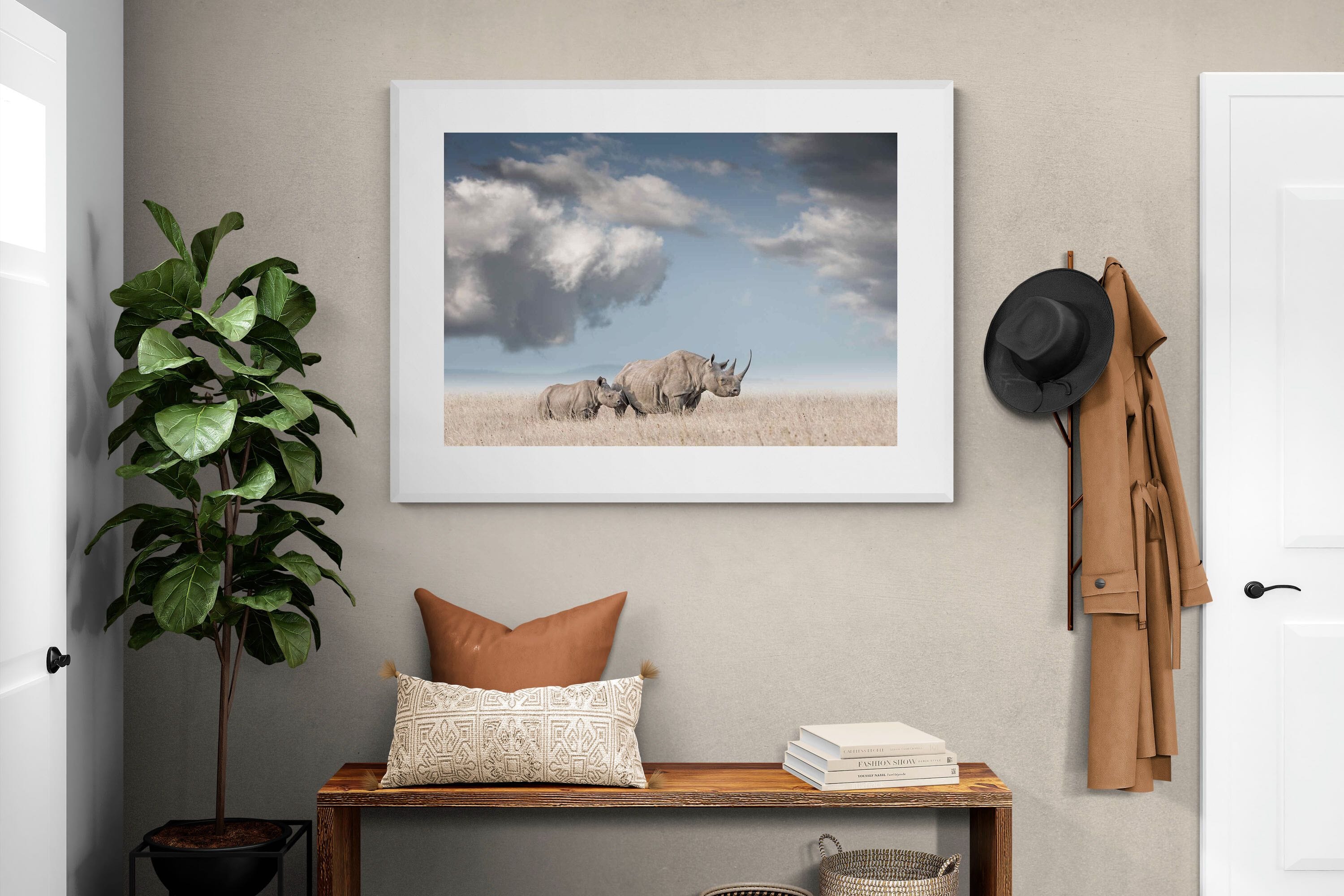 Rhino Mother & Calf-Wall_Art-120 x 90cm-Framed Print-White-Pixalot