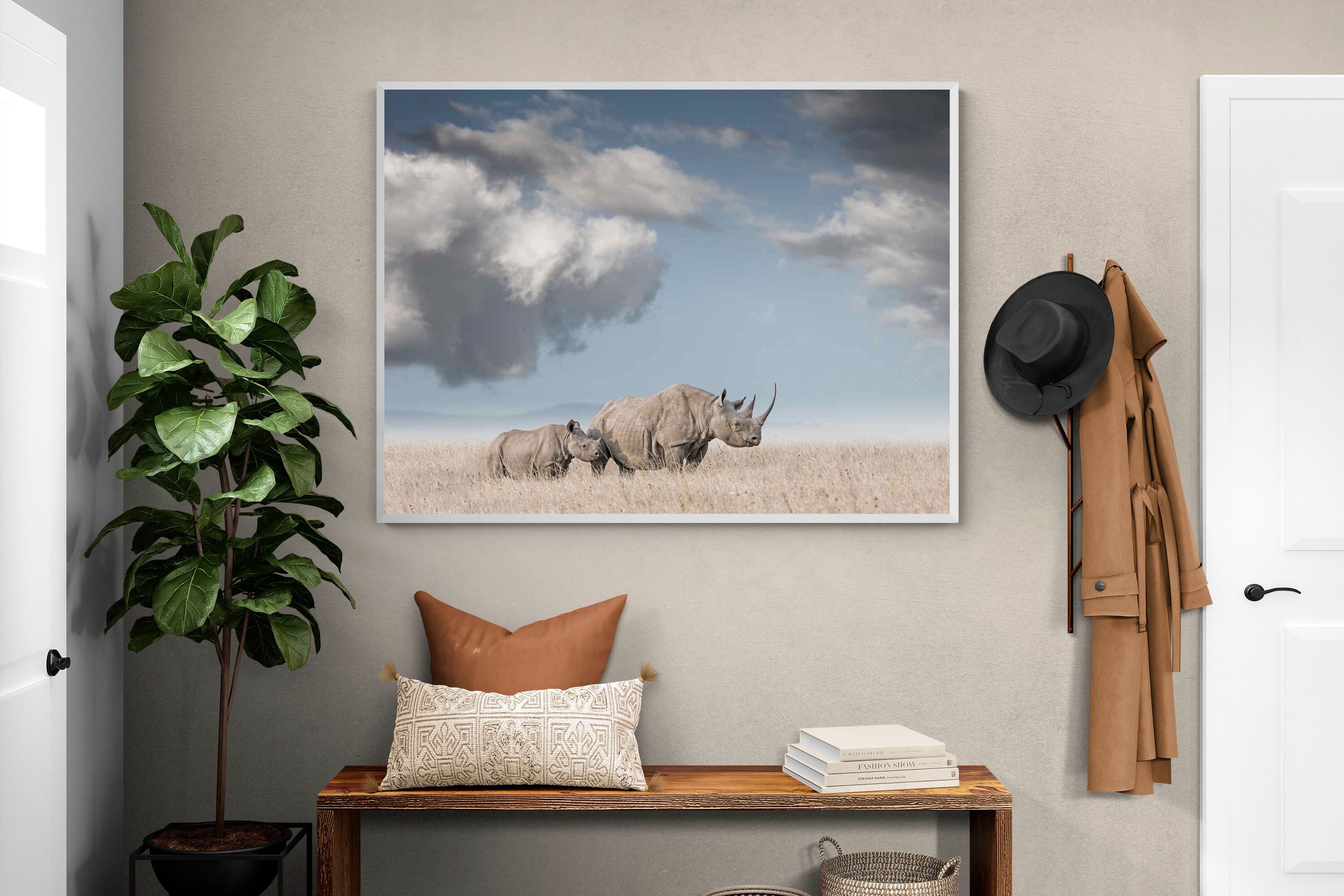 Rhino Mother & Calf-Wall_Art-120 x 90cm-Mounted Canvas-White-Pixalot