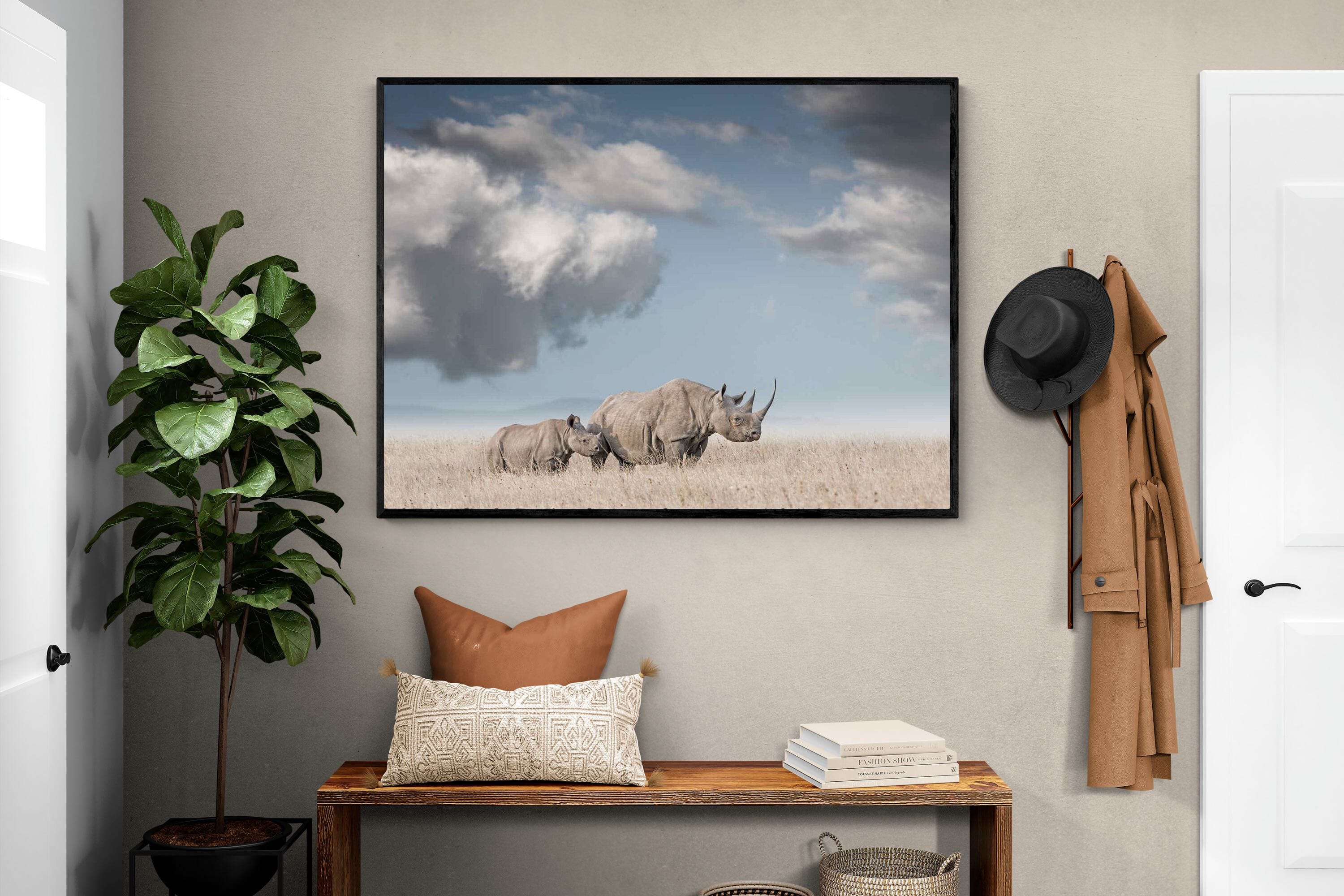 Rhino Mother & Calf-Wall_Art-120 x 90cm-Mounted Canvas-Black-Pixalot