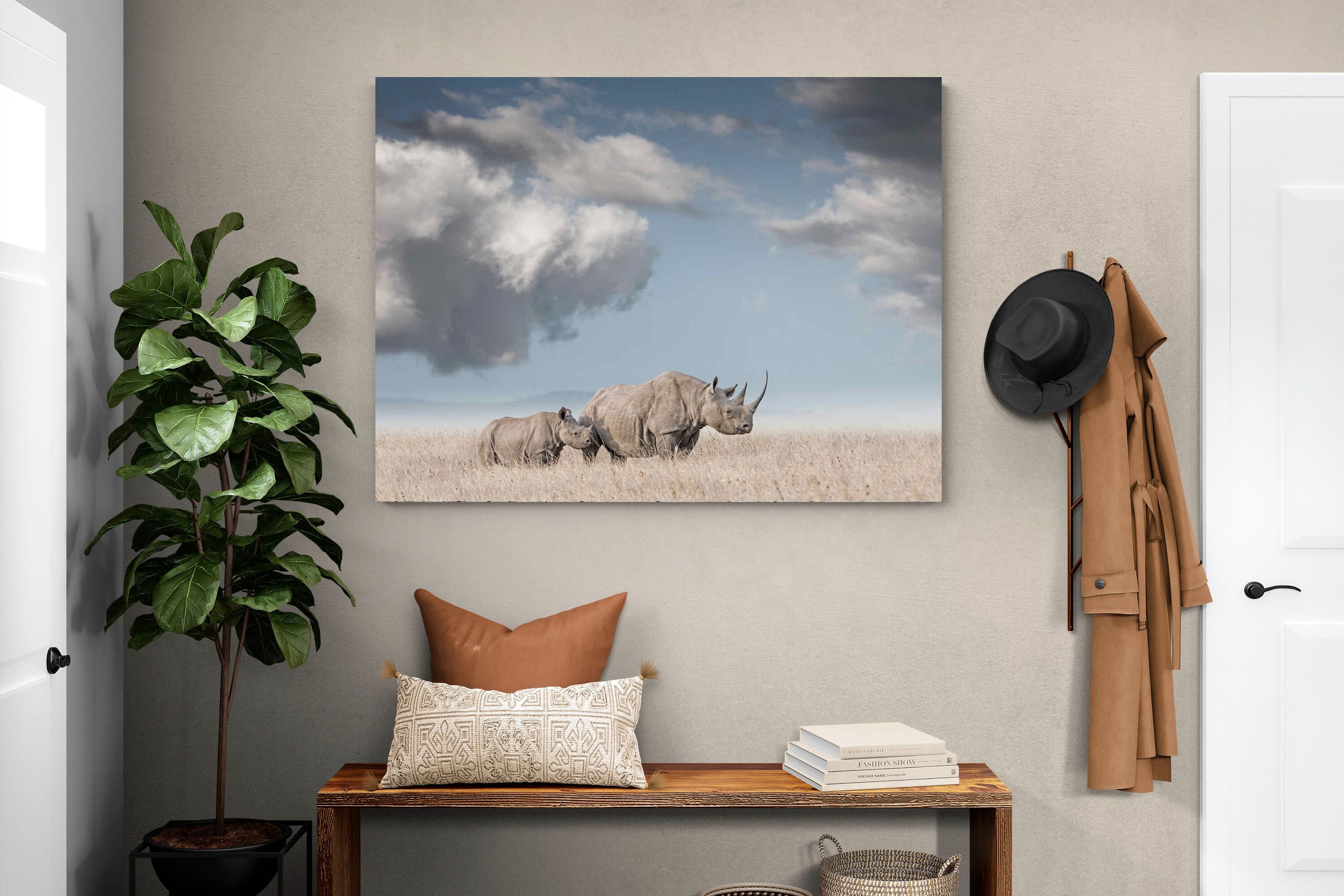 Rhino Mother & Calf-Wall_Art-120 x 90cm-Mounted Canvas-No Frame-Pixalot
