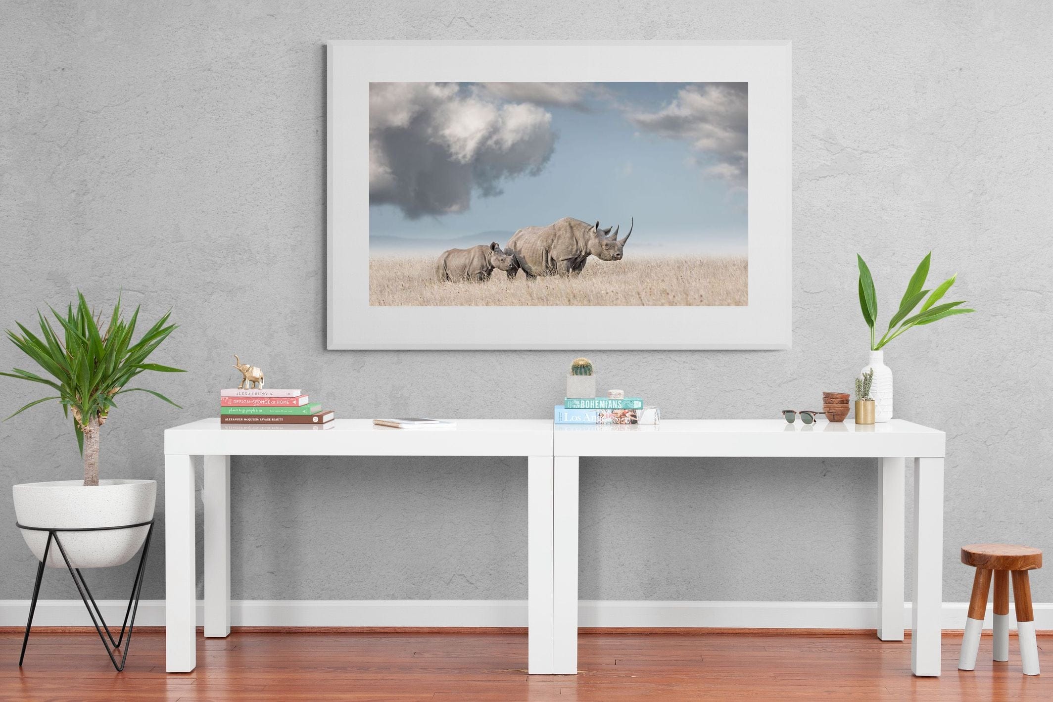 Rhino Mother & Calf-Wall_Art-150 x 100cm-Framed Print-White-Pixalot