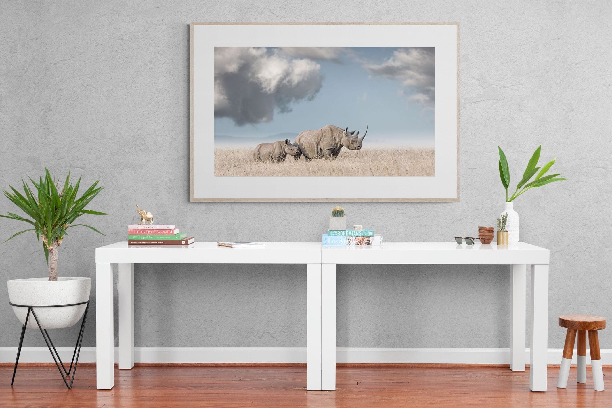 Rhino Mother & Calf-Wall_Art-150 x 100cm-Framed Print-Wood-Pixalot