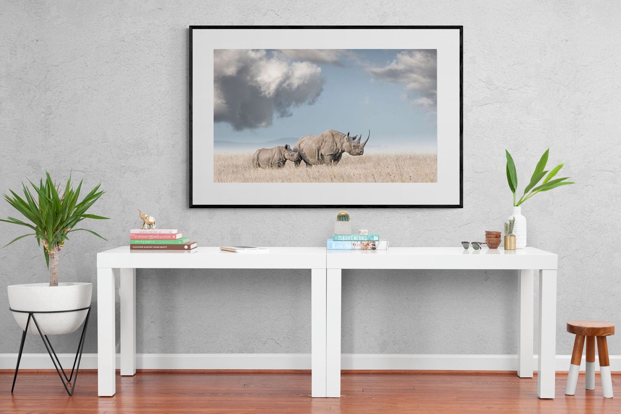 Rhino Mother & Calf-Wall_Art-150 x 100cm-Framed Print-Black-Pixalot