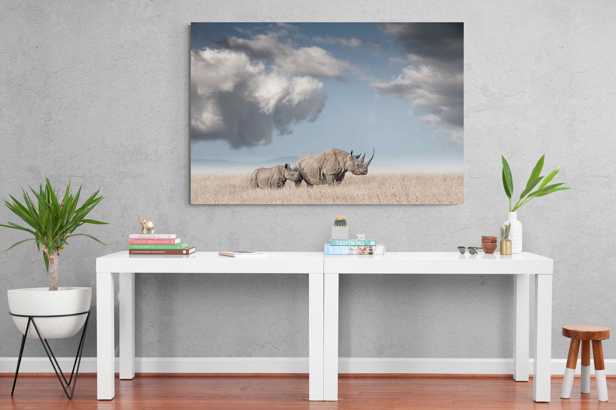 Rhino Mother & Calf-Wall_Art-150 x 100cm-Mounted Canvas-No Frame-Pixalot