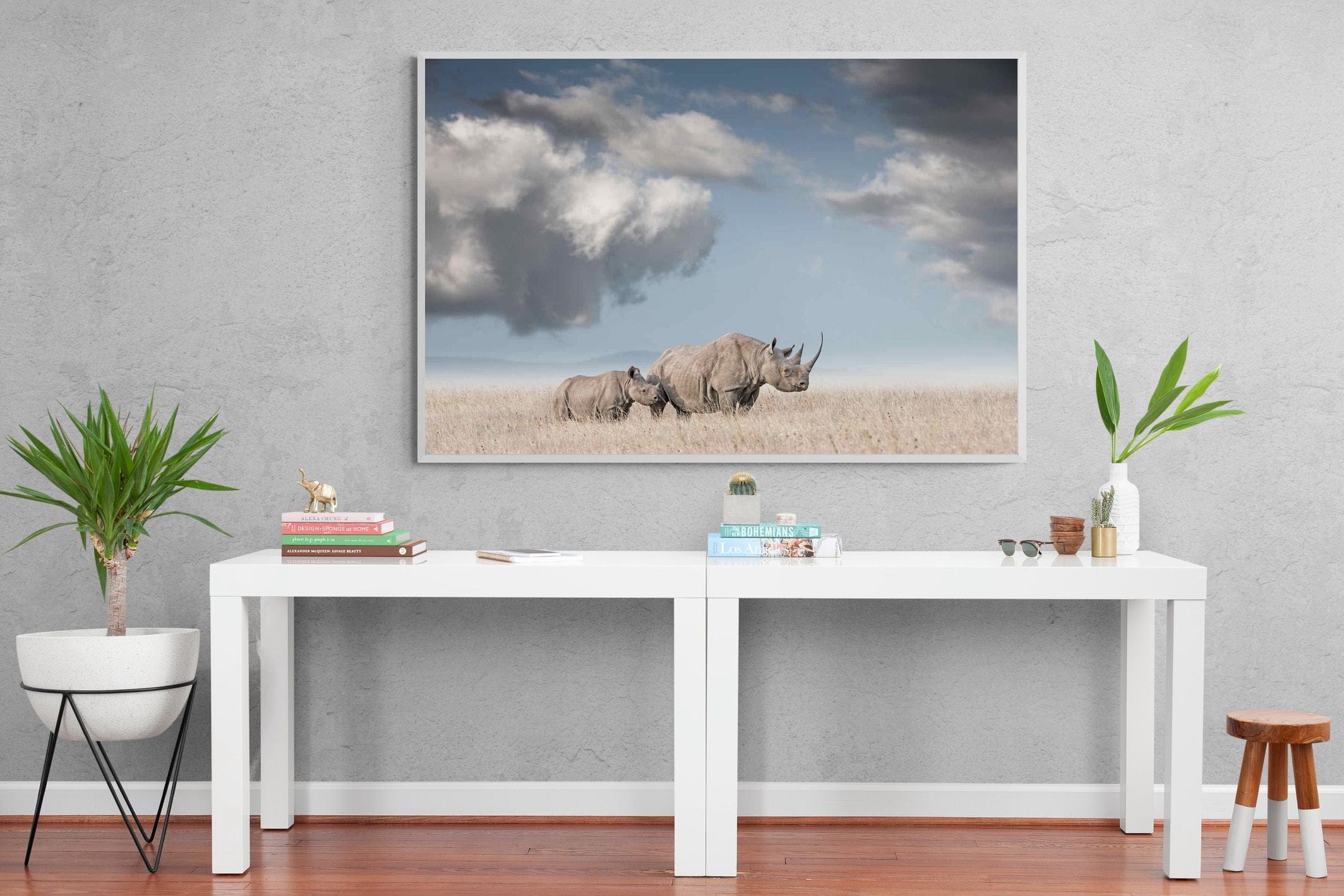Rhino Mother & Calf-Wall_Art-150 x 100cm-Mounted Canvas-White-Pixalot