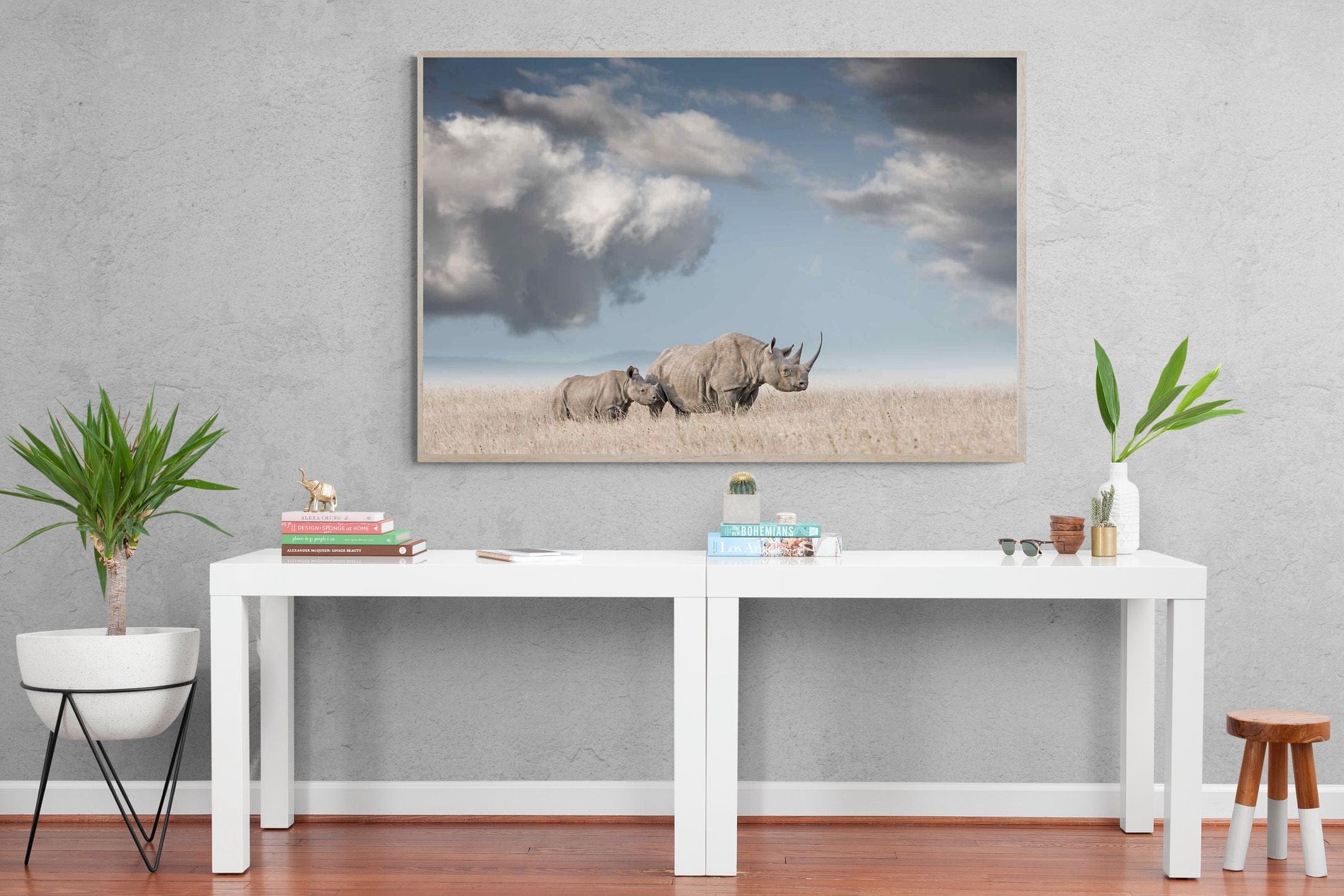 Rhino Mother & Calf-Wall_Art-150 x 100cm-Mounted Canvas-Wood-Pixalot