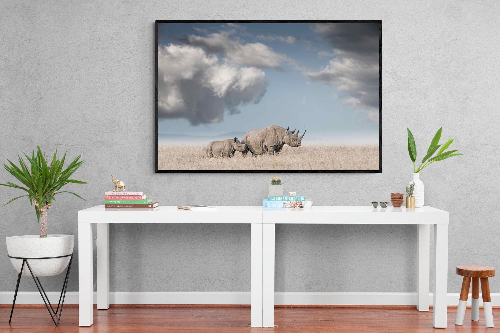 Rhino Mother & Calf-Wall_Art-150 x 100cm-Mounted Canvas-Black-Pixalot