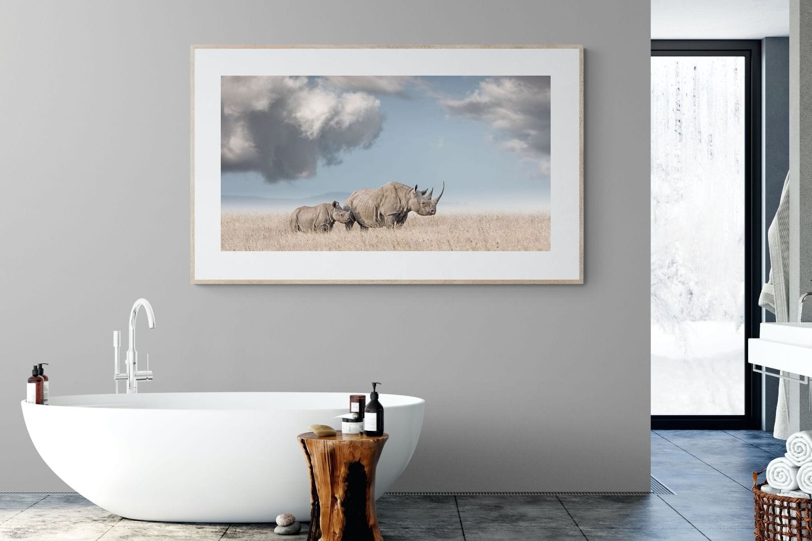 Rhino Mother & Calf-Wall_Art-180 x 110cm-Framed Print-Wood-Pixalot
