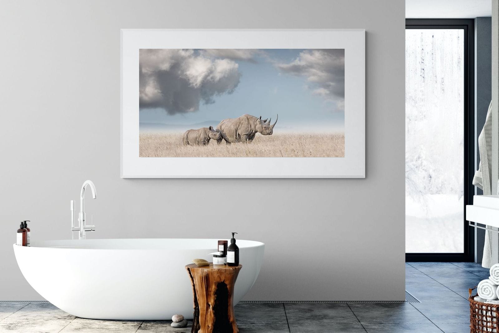 Rhino Mother & Calf-Wall_Art-180 x 110cm-Framed Print-White-Pixalot