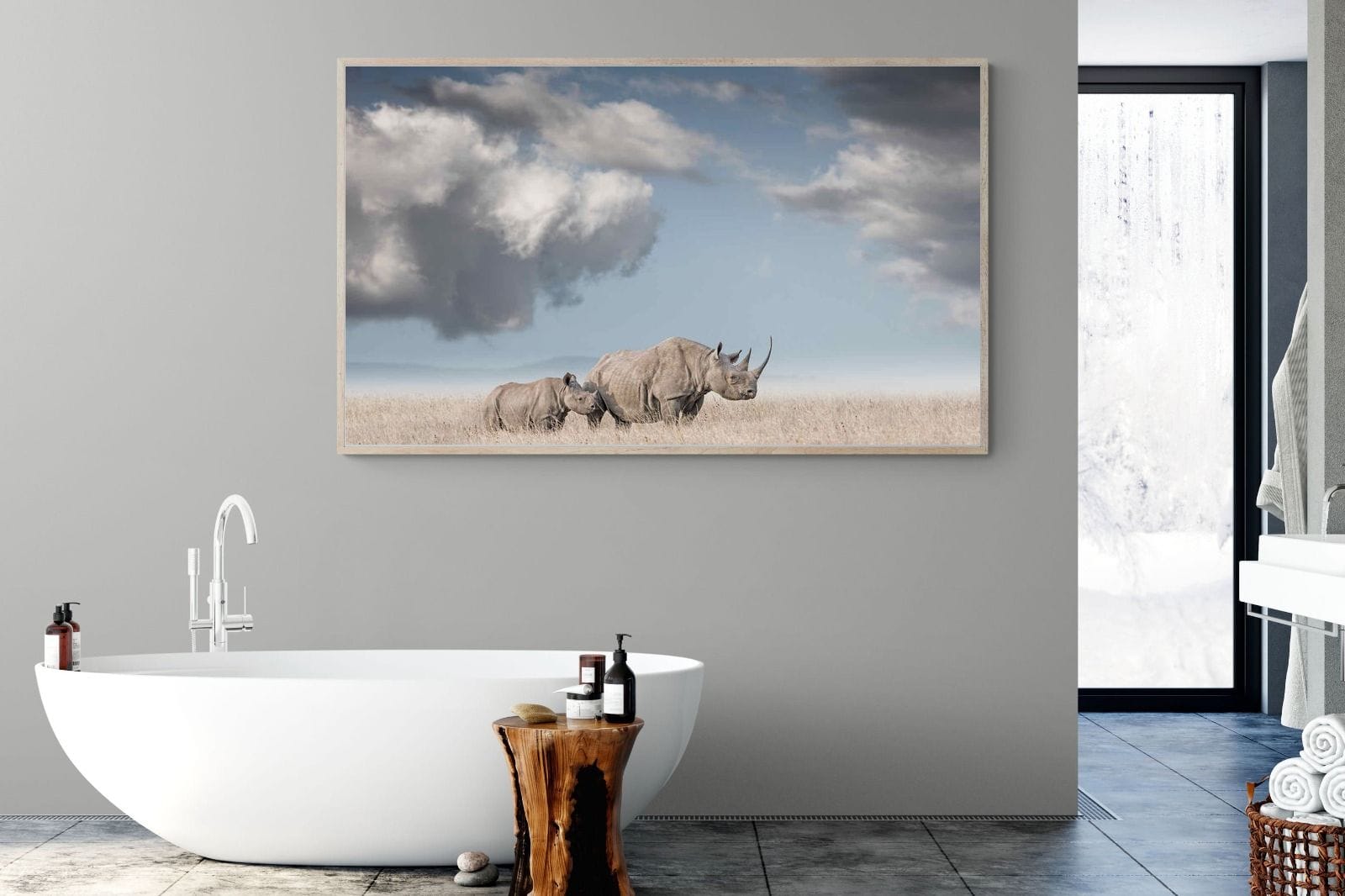 Rhino Mother & Calf-Wall_Art-180 x 110cm-Mounted Canvas-Wood-Pixalot