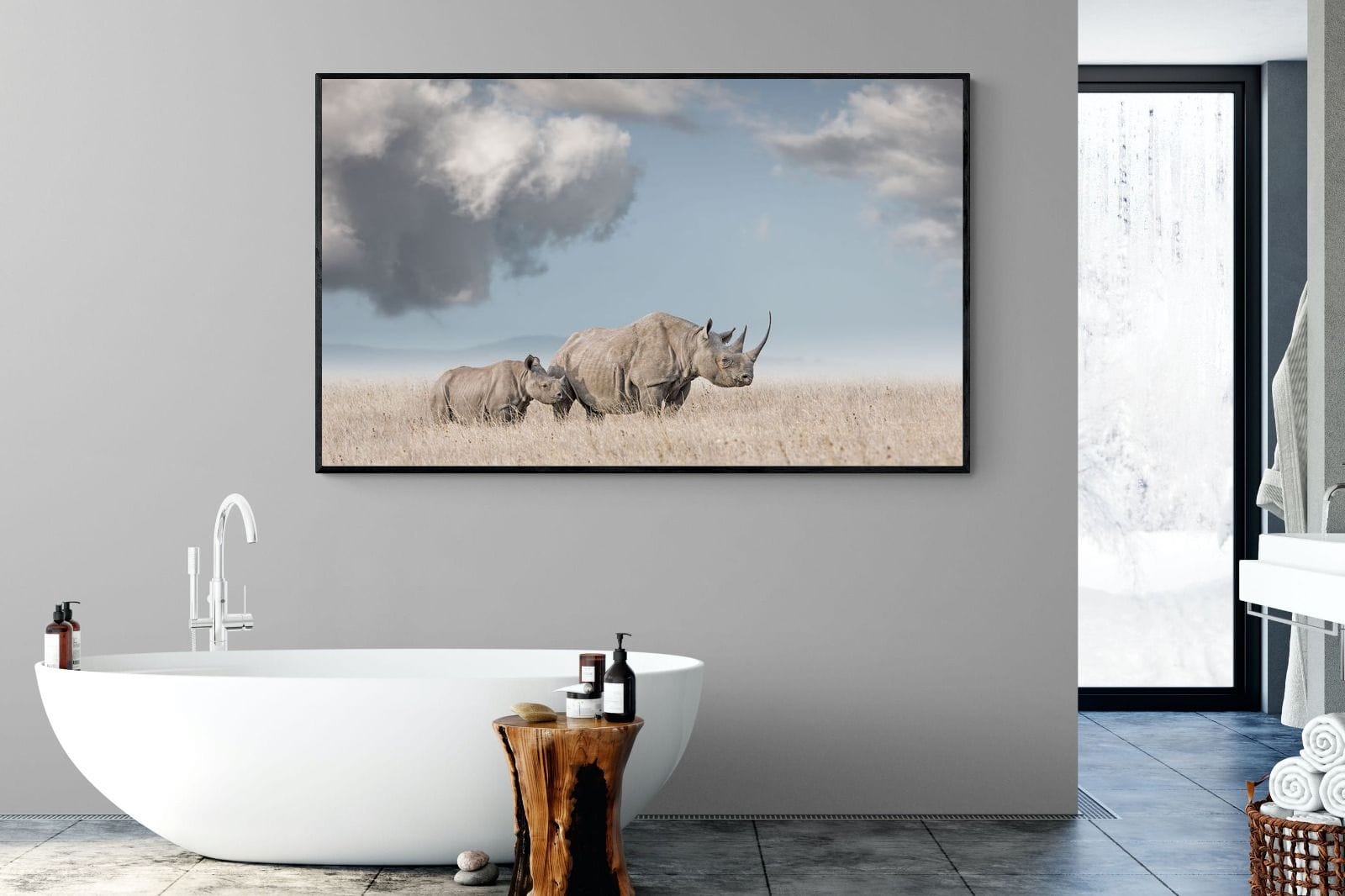 Rhino Mother & Calf-Wall_Art-180 x 110cm-Mounted Canvas-Black-Pixalot