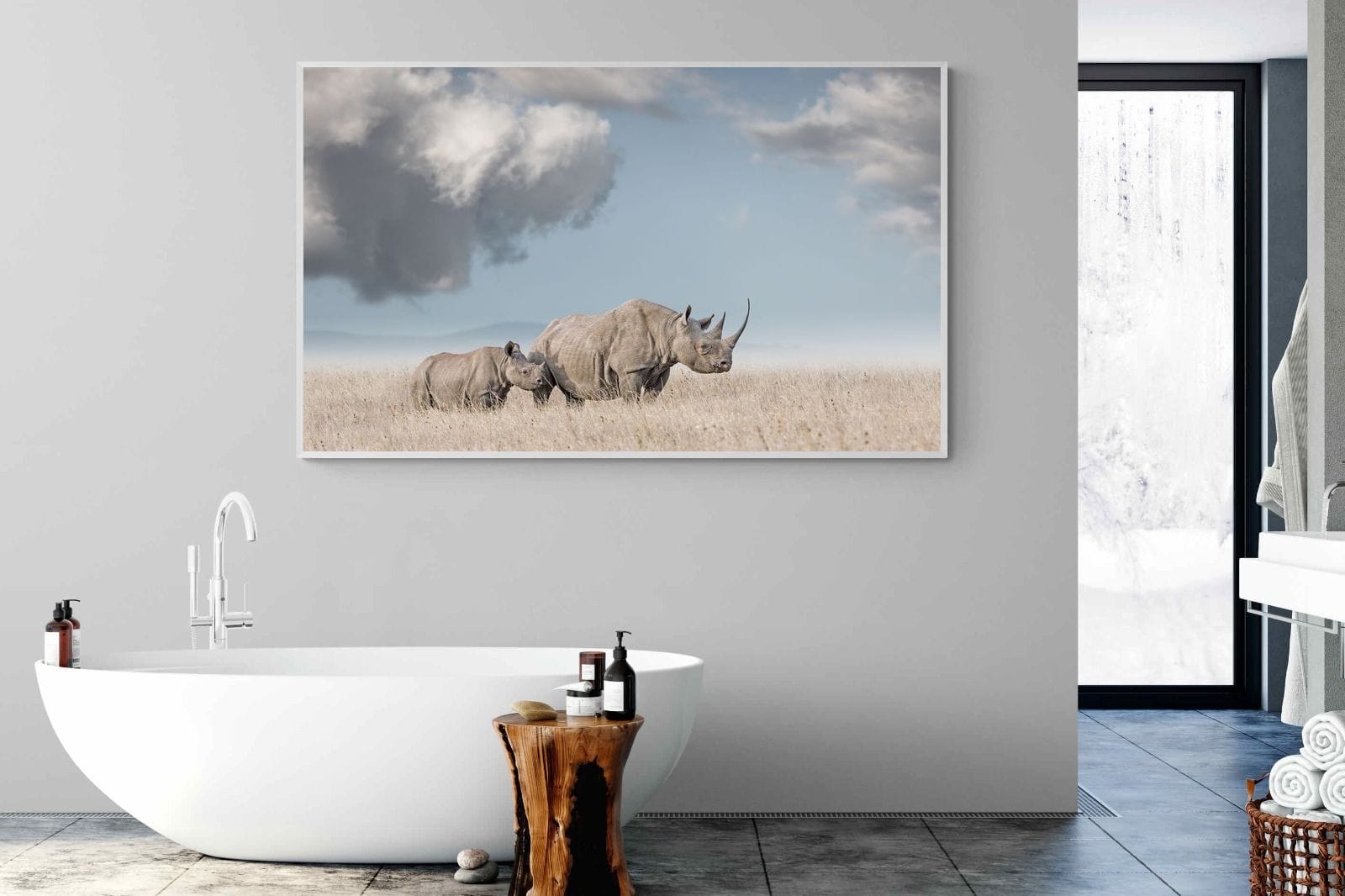 Rhino Mother & Calf-Wall_Art-180 x 110cm-Mounted Canvas-White-Pixalot