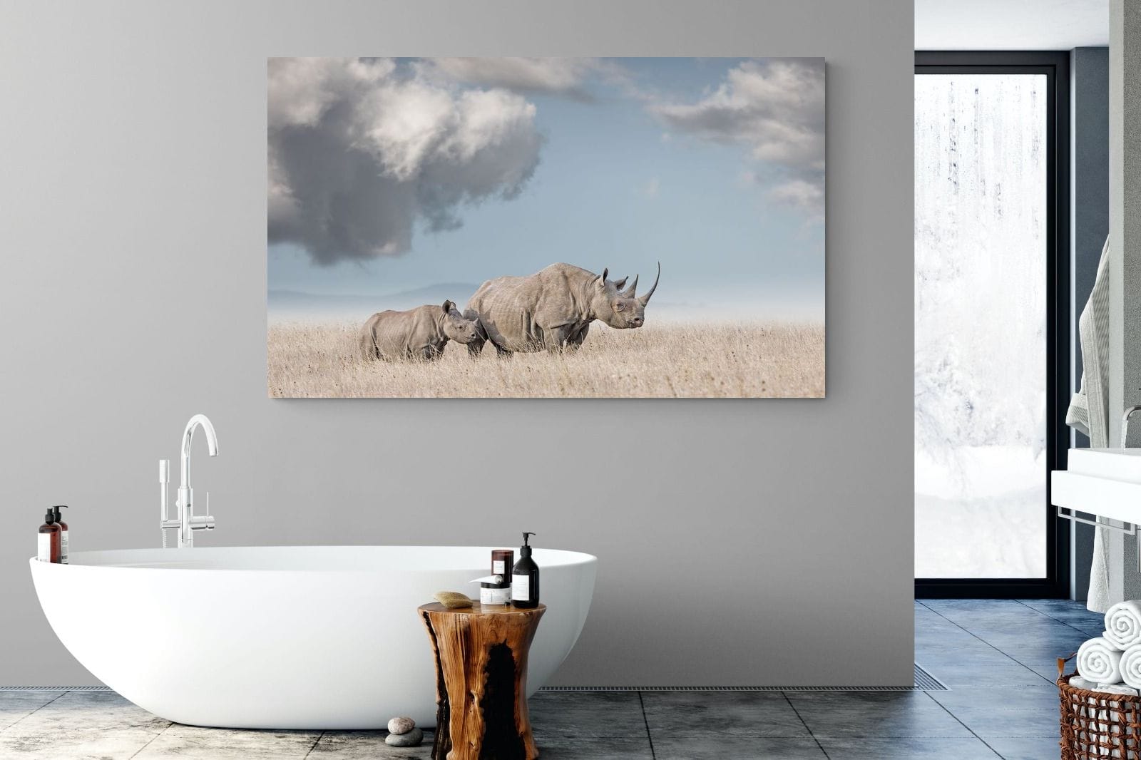Rhino Mother & Calf-Wall_Art-180 x 110cm-Mounted Canvas-No Frame-Pixalot