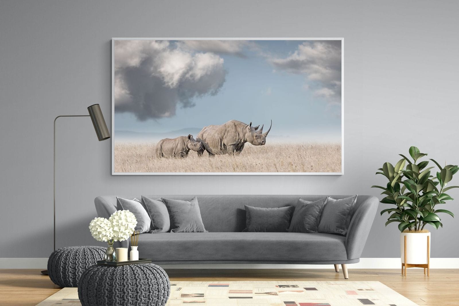 Rhino Mother & Calf-Wall_Art-220 x 130cm-Mounted Canvas-White-Pixalot