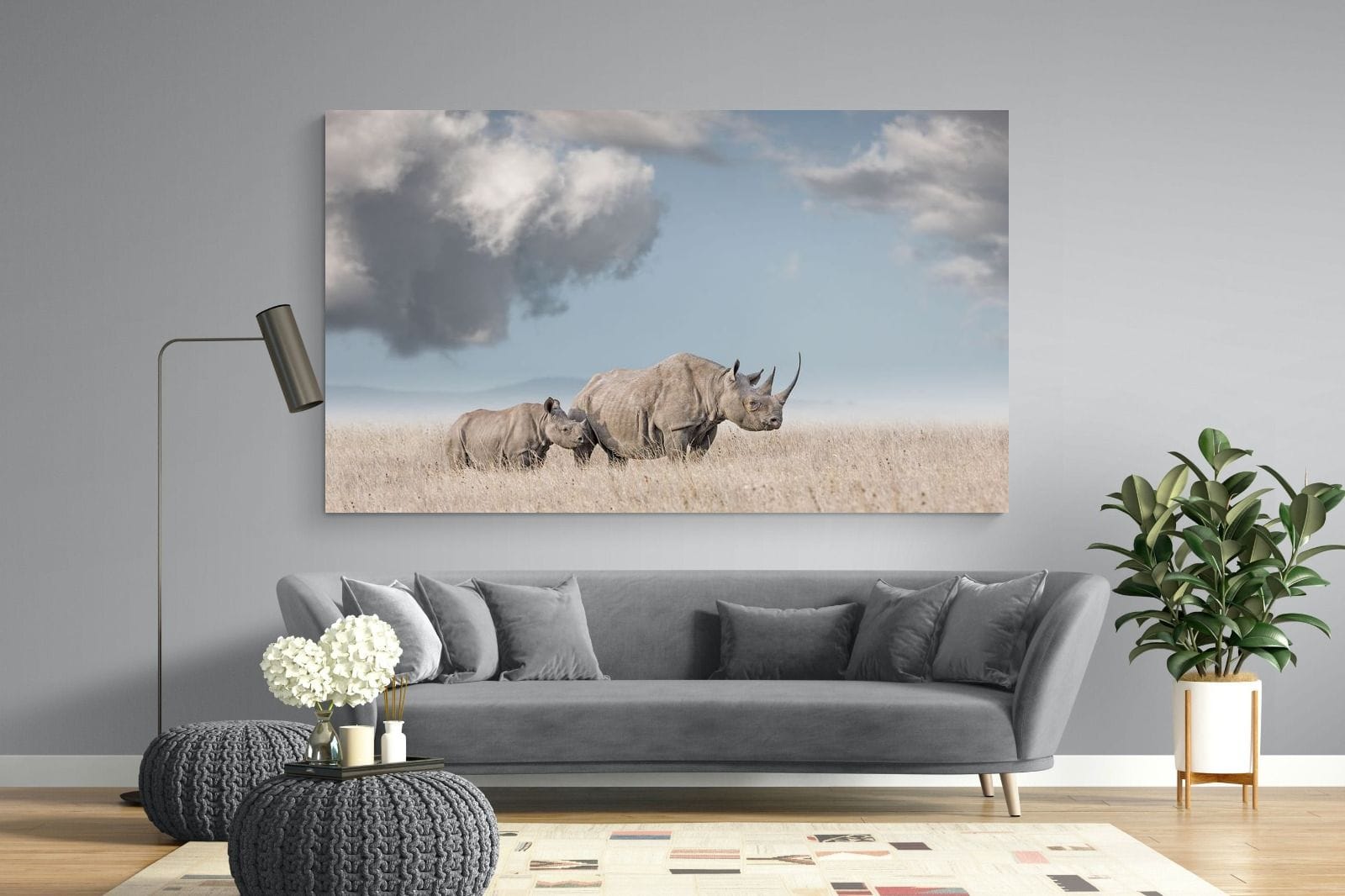 Rhino Mother & Calf-Wall_Art-220 x 130cm-Mounted Canvas-No Frame-Pixalot