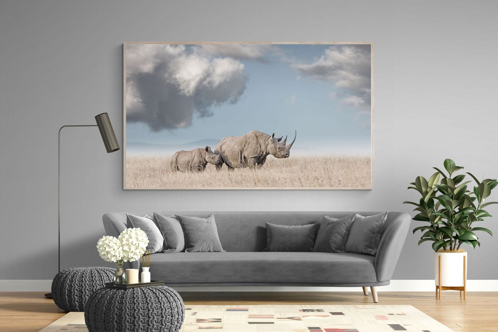 Rhino Mother & Calf-Wall_Art-220 x 130cm-Mounted Canvas-Wood-Pixalot