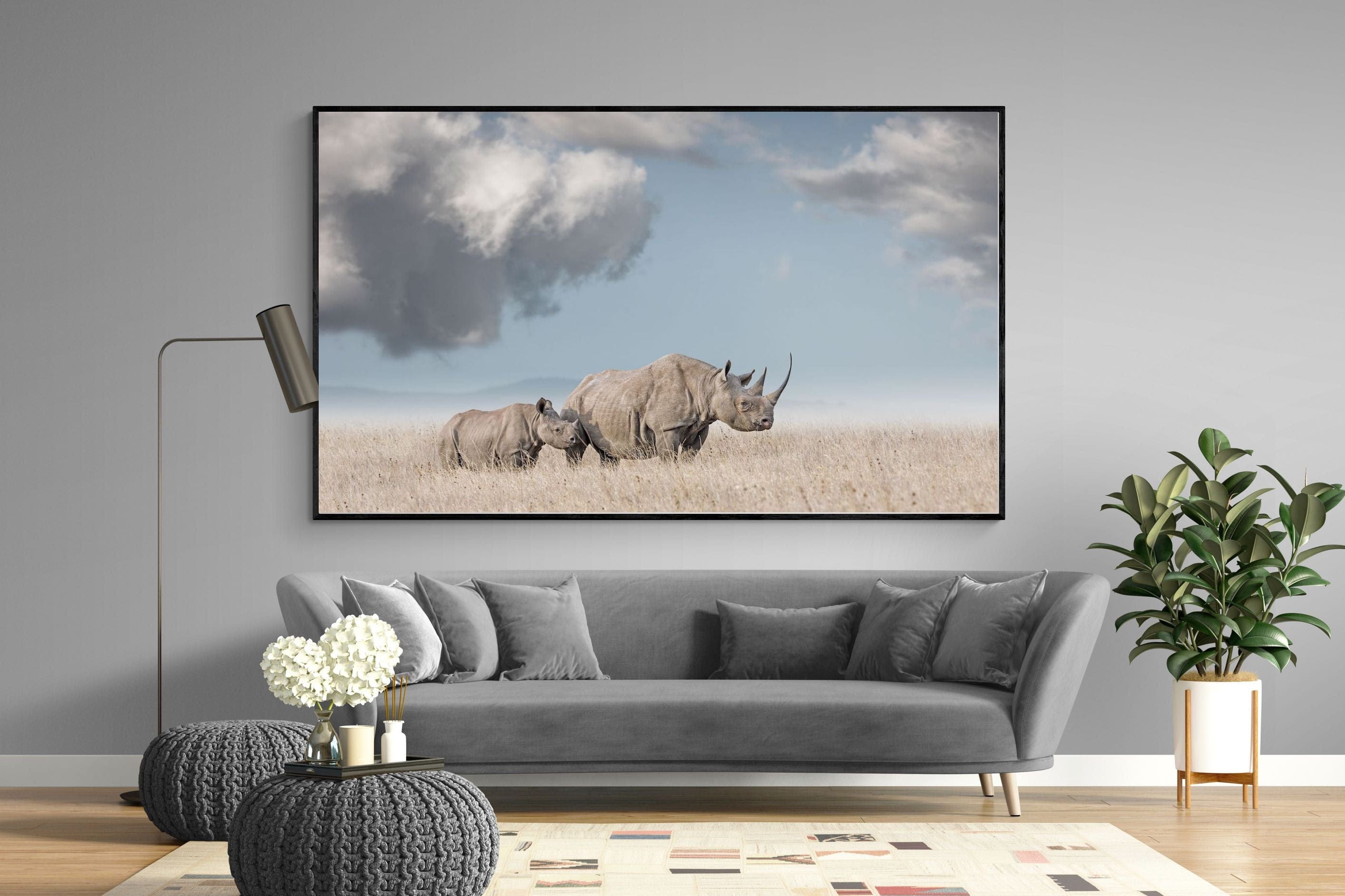 Rhino Mother & Calf-Wall_Art-220 x 130cm-Mounted Canvas-Black-Pixalot