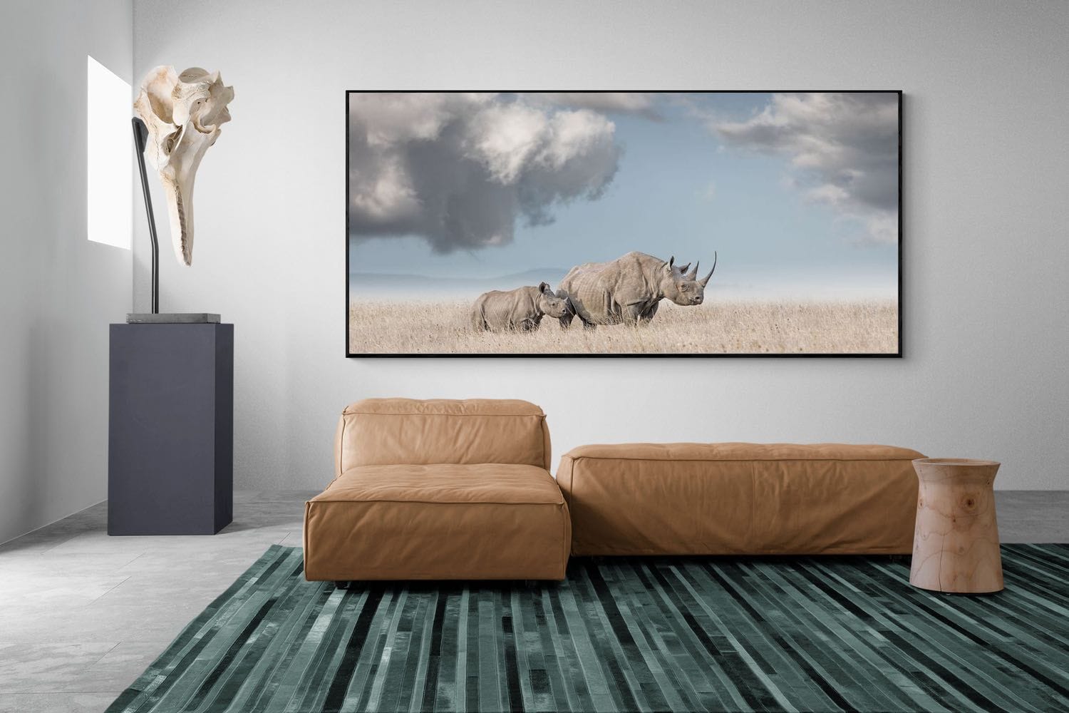 Rhino Mother & Calf-Wall_Art-275 x 130cm-Mounted Canvas-Black-Pixalot