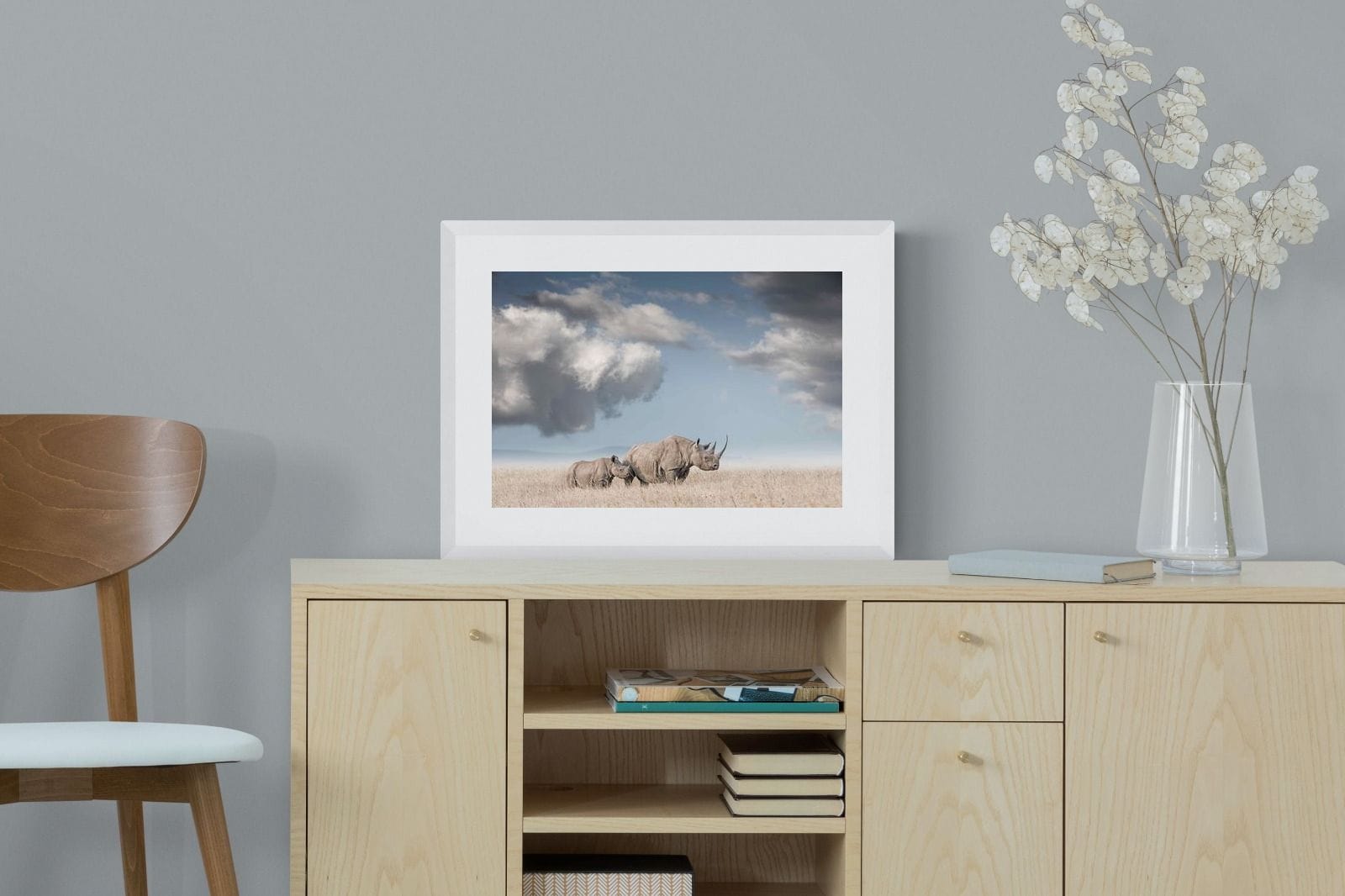 Rhino Mother & Calf-Wall_Art-60 x 45cm-Framed Print-White-Pixalot
