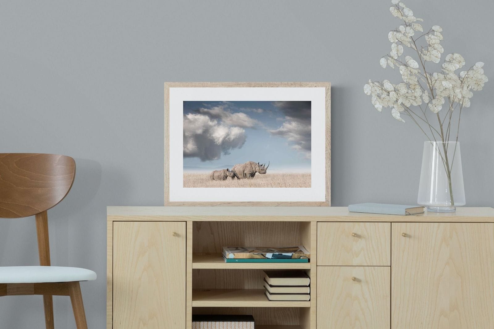 Rhino Mother & Calf-Wall_Art-60 x 45cm-Framed Print-Wood-Pixalot