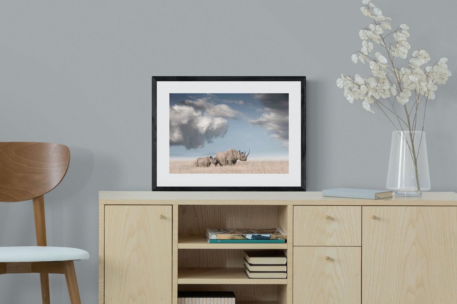 Rhino Mother & Calf-Wall_Art-60 x 45cm-Framed Print-Black-Pixalot