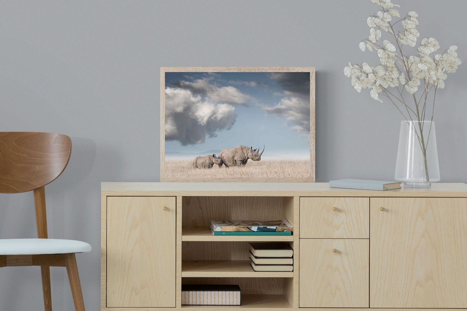 Rhino Mother & Calf-Wall_Art-60 x 45cm-Mounted Canvas-Wood-Pixalot