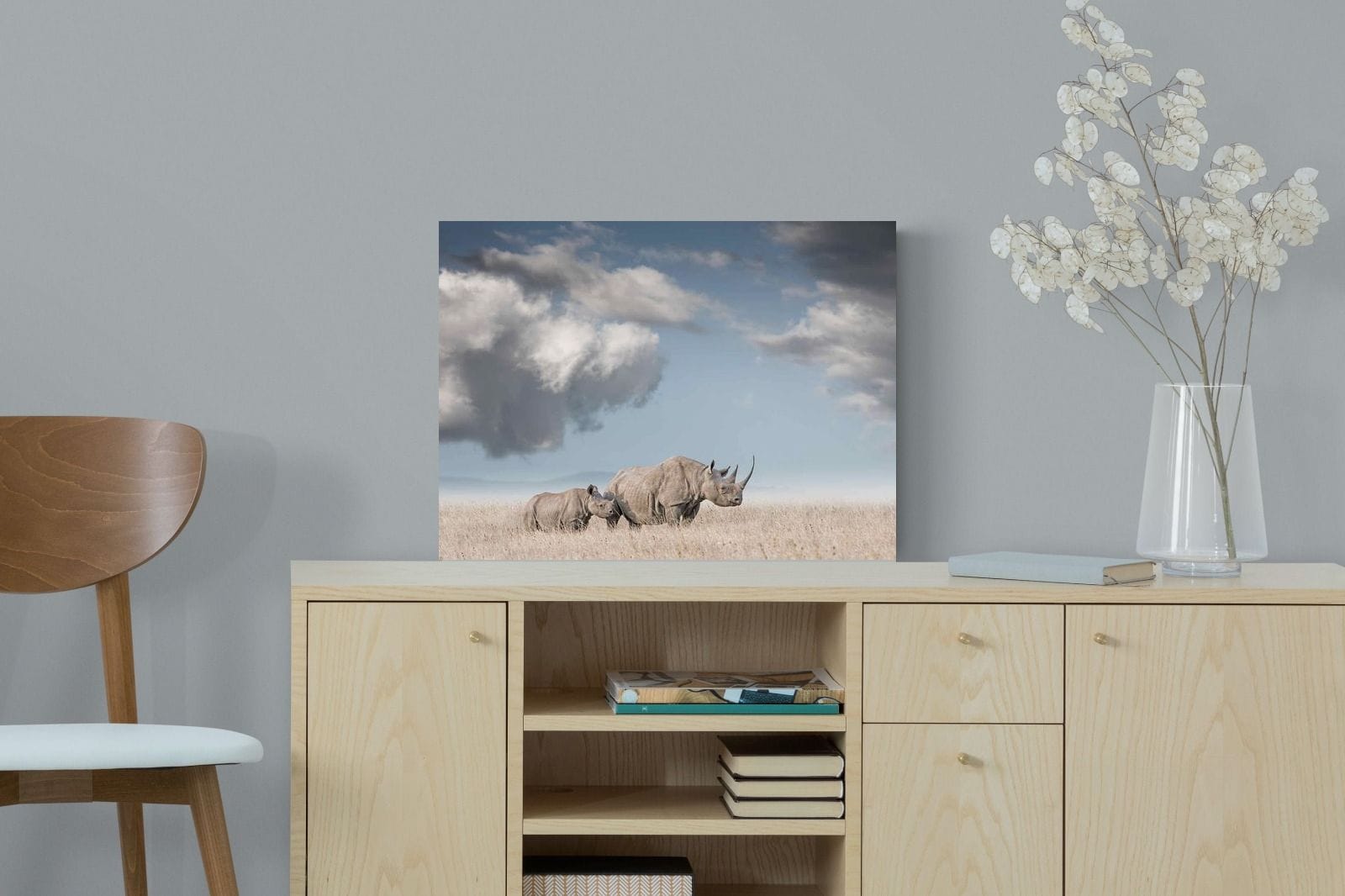 Rhino Mother & Calf-Wall_Art-60 x 45cm-Mounted Canvas-No Frame-Pixalot