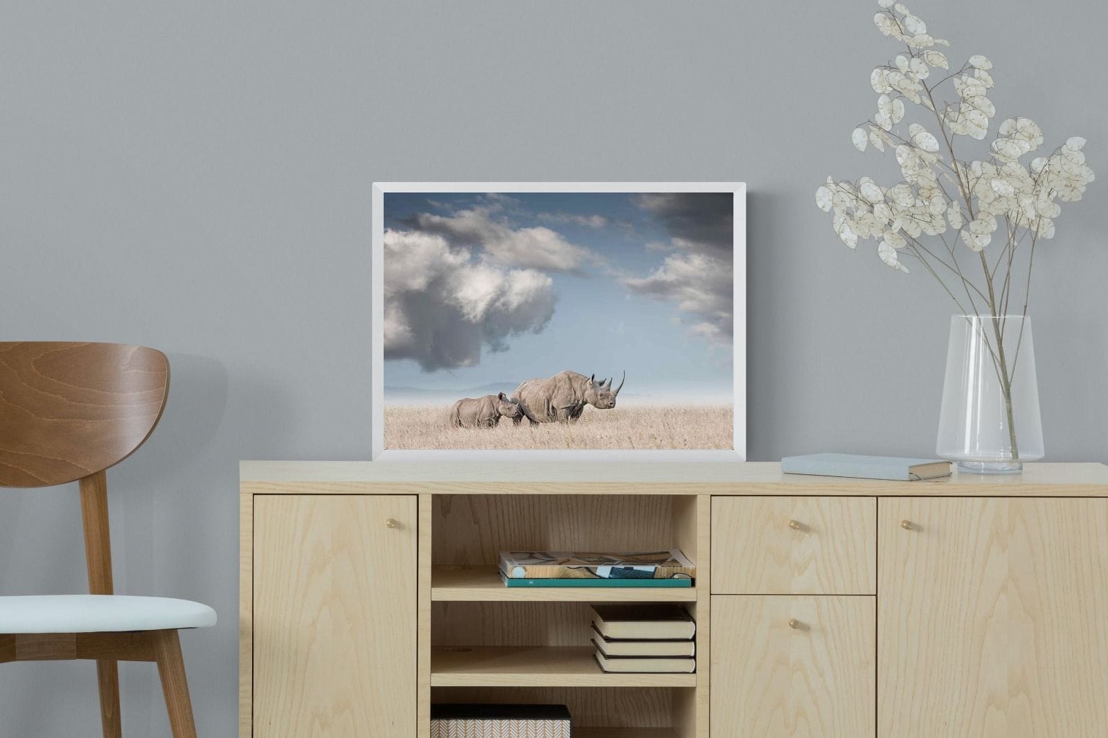 Rhino Mother & Calf-Wall_Art-60 x 45cm-Mounted Canvas-White-Pixalot