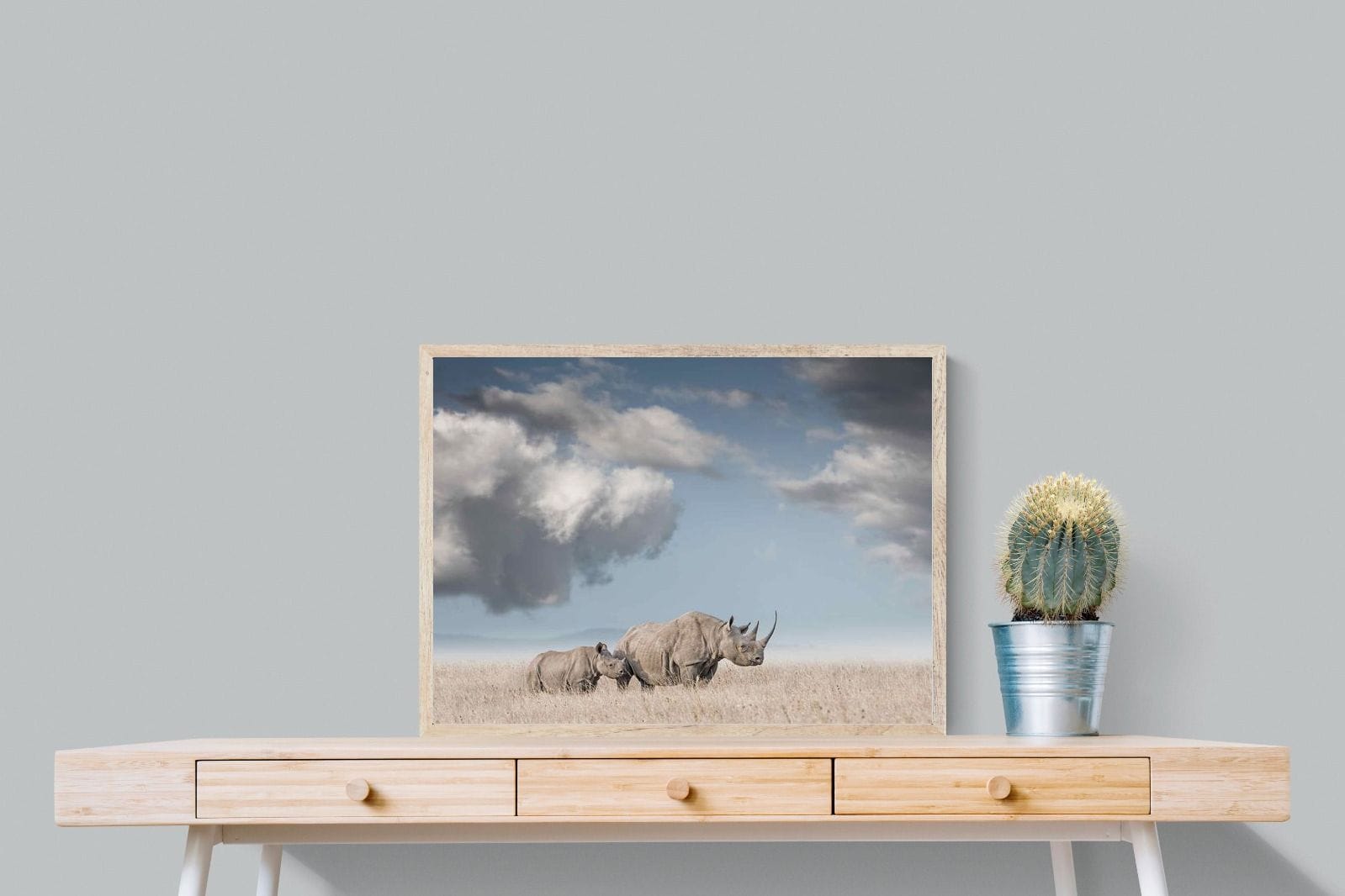 Rhino Mother & Calf-Wall_Art-80 x 60cm-Mounted Canvas-Wood-Pixalot