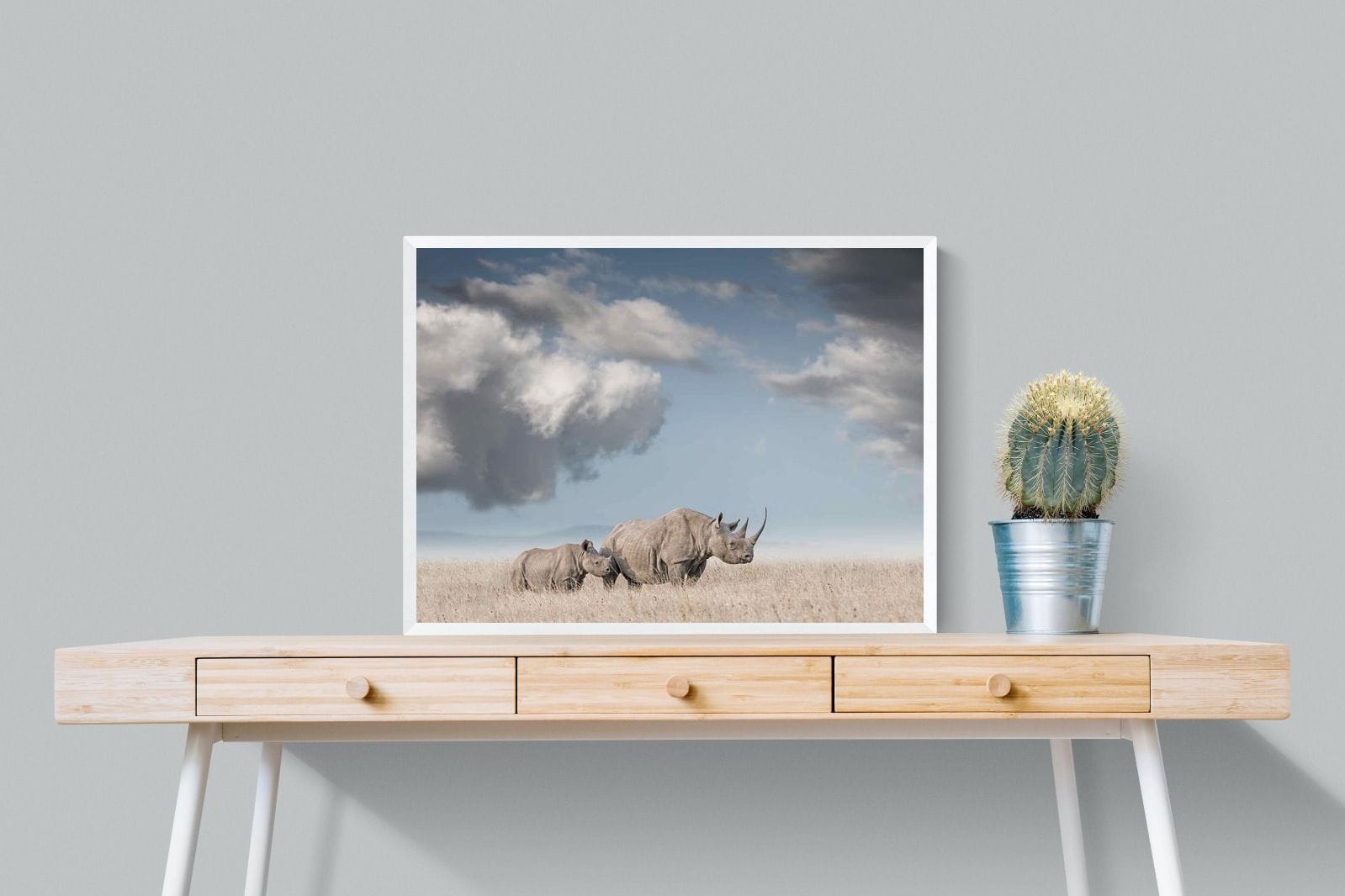 Rhino Mother & Calf-Wall_Art-80 x 60cm-Mounted Canvas-White-Pixalot
