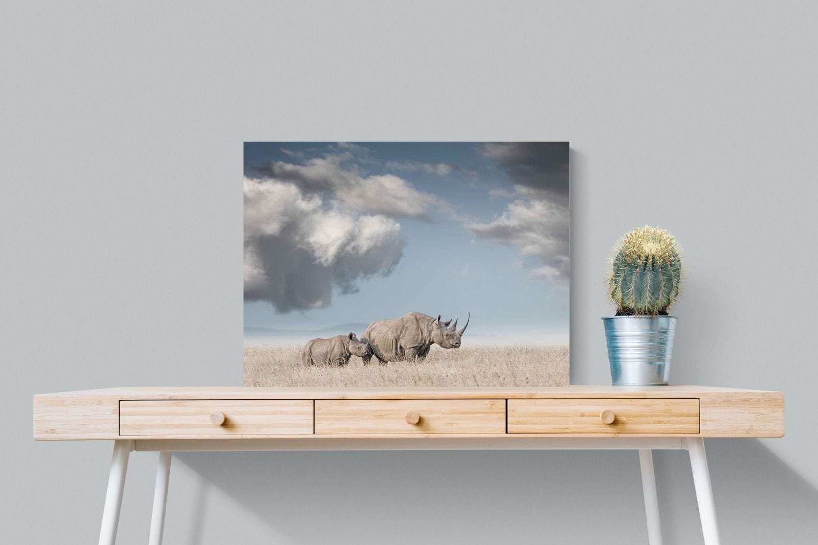 Rhino Mother & Calf-Wall_Art-80 x 60cm-Mounted Canvas-No Frame-Pixalot