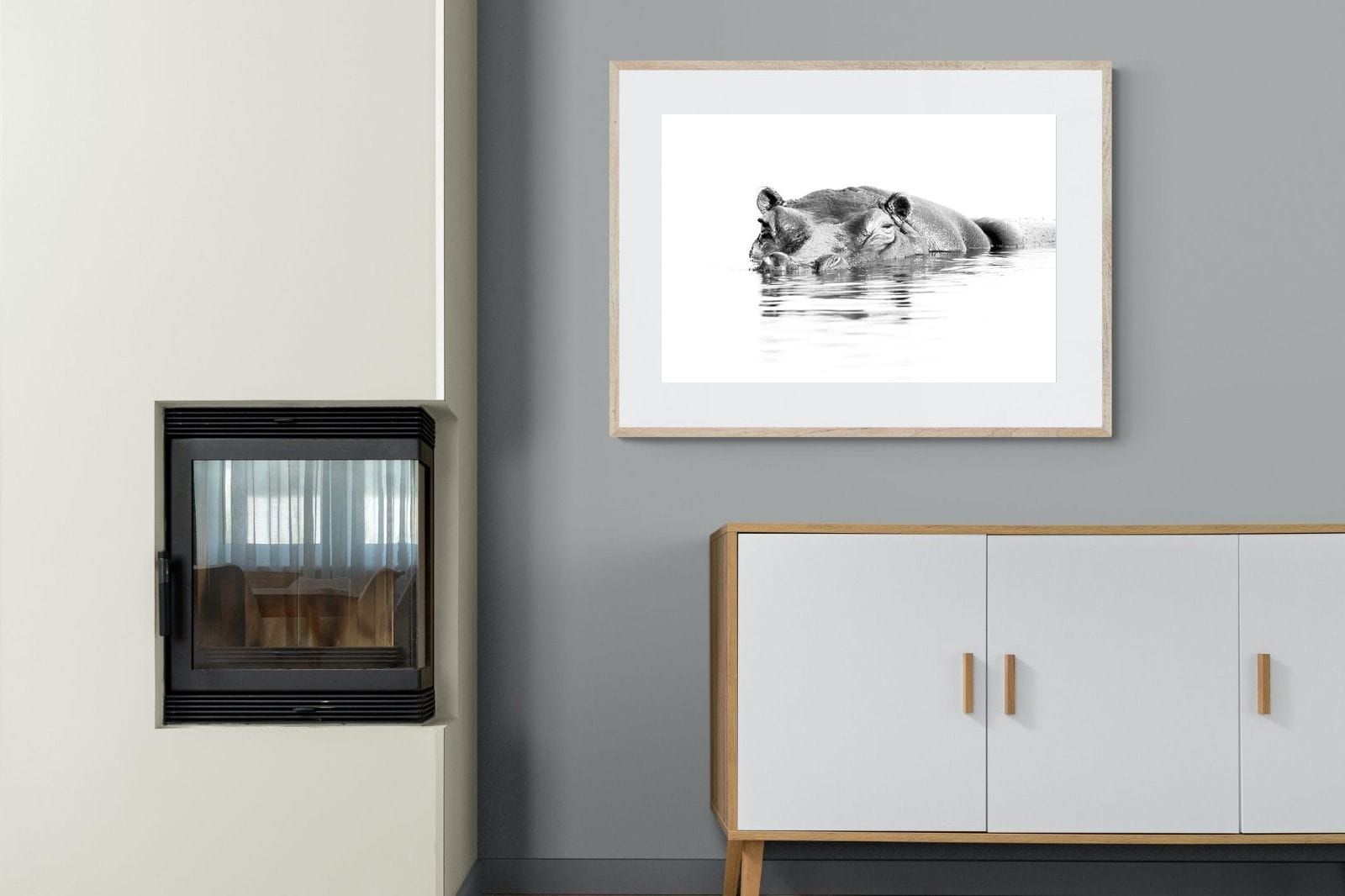 River Hippo-Wall_Art-100 x 75cm-Framed Print-Wood-Pixalot