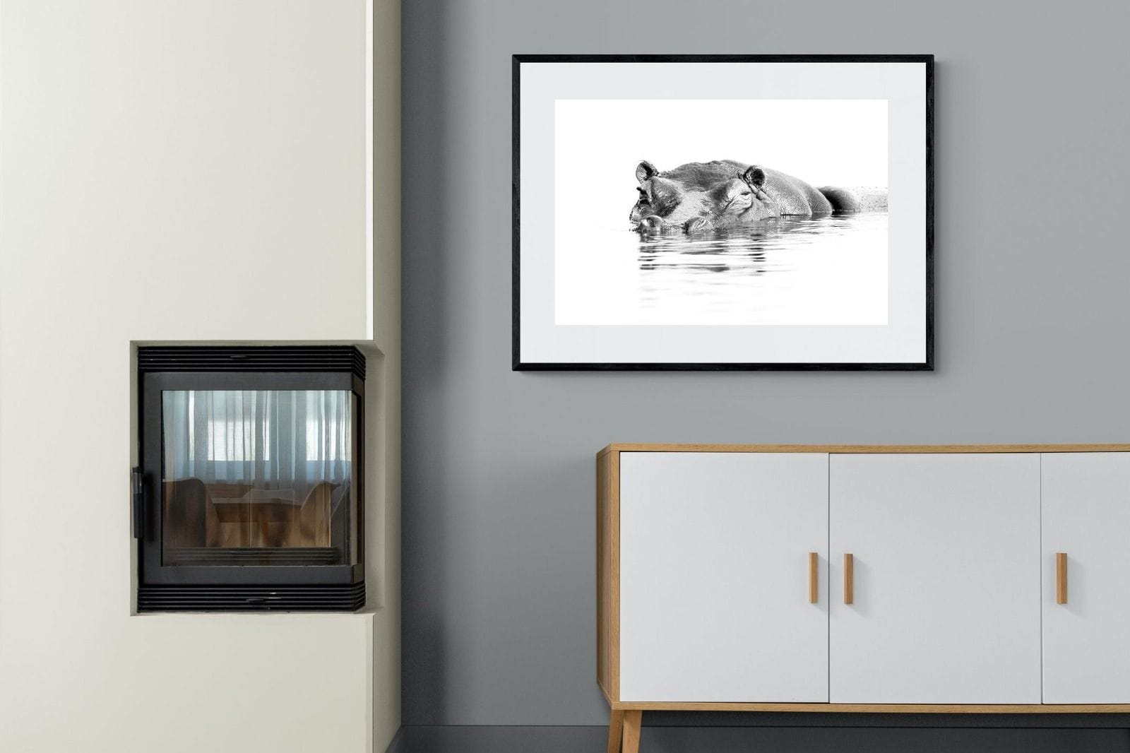 River Hippo-Wall_Art-100 x 75cm-Framed Print-Black-Pixalot