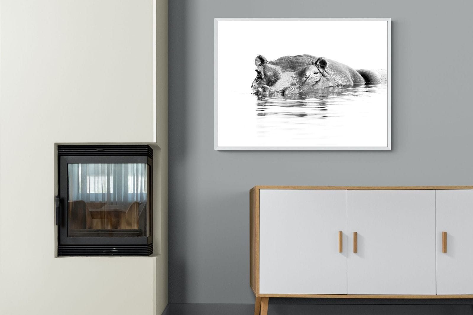 River Hippo-Wall_Art-100 x 75cm-Mounted Canvas-White-Pixalot