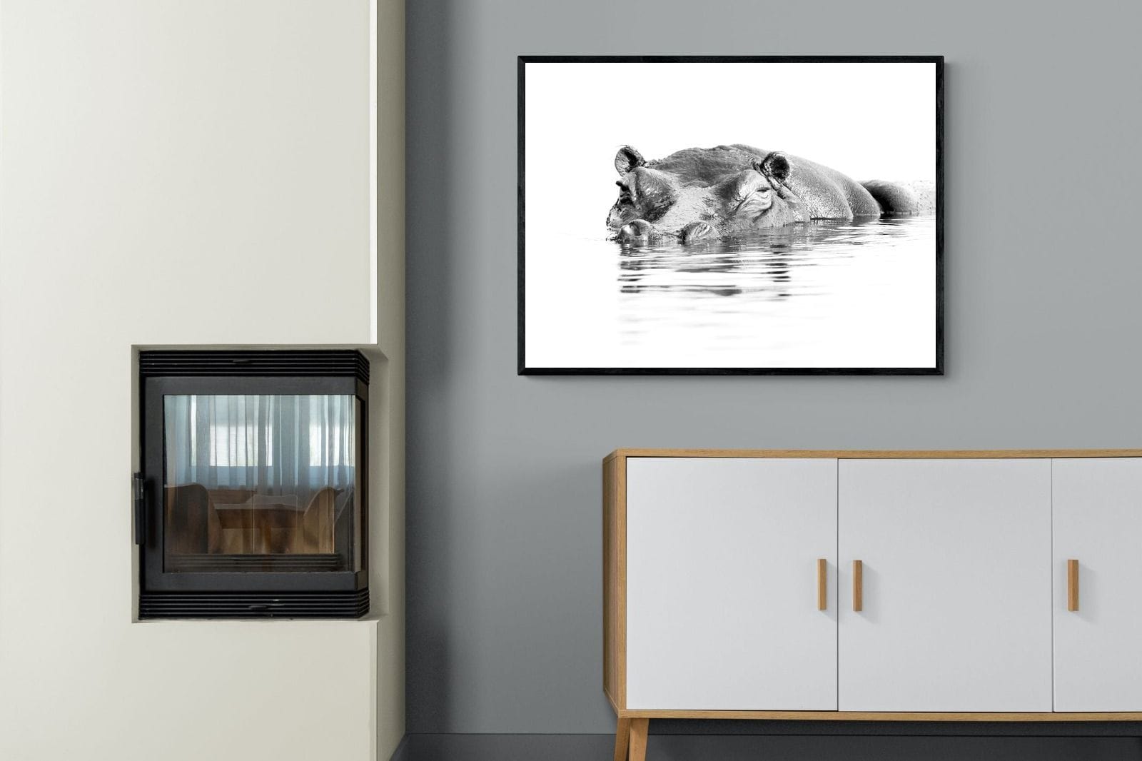 River Hippo-Wall_Art-100 x 75cm-Mounted Canvas-Black-Pixalot