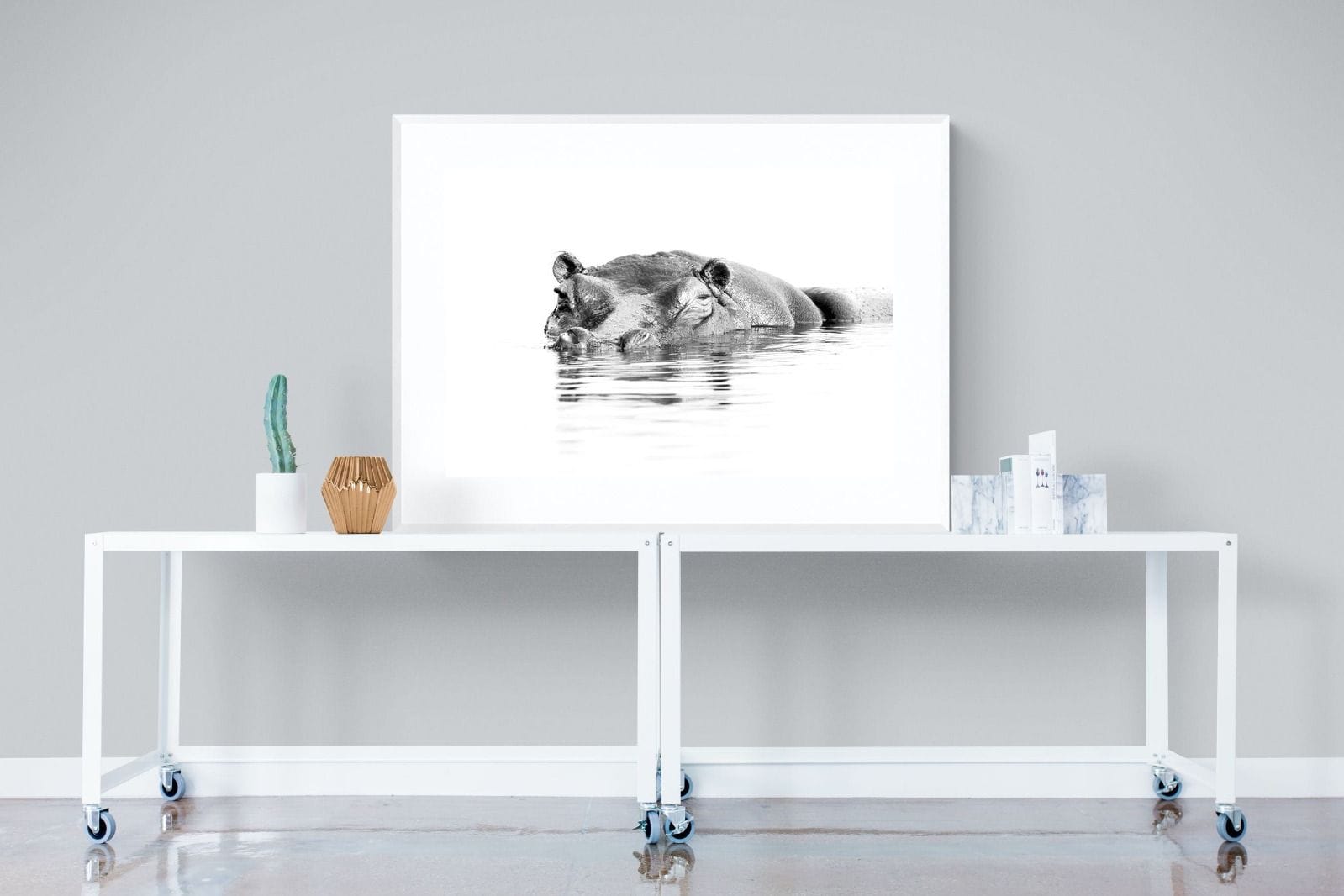 River Hippo-Wall_Art-120 x 90cm-Framed Print-White-Pixalot