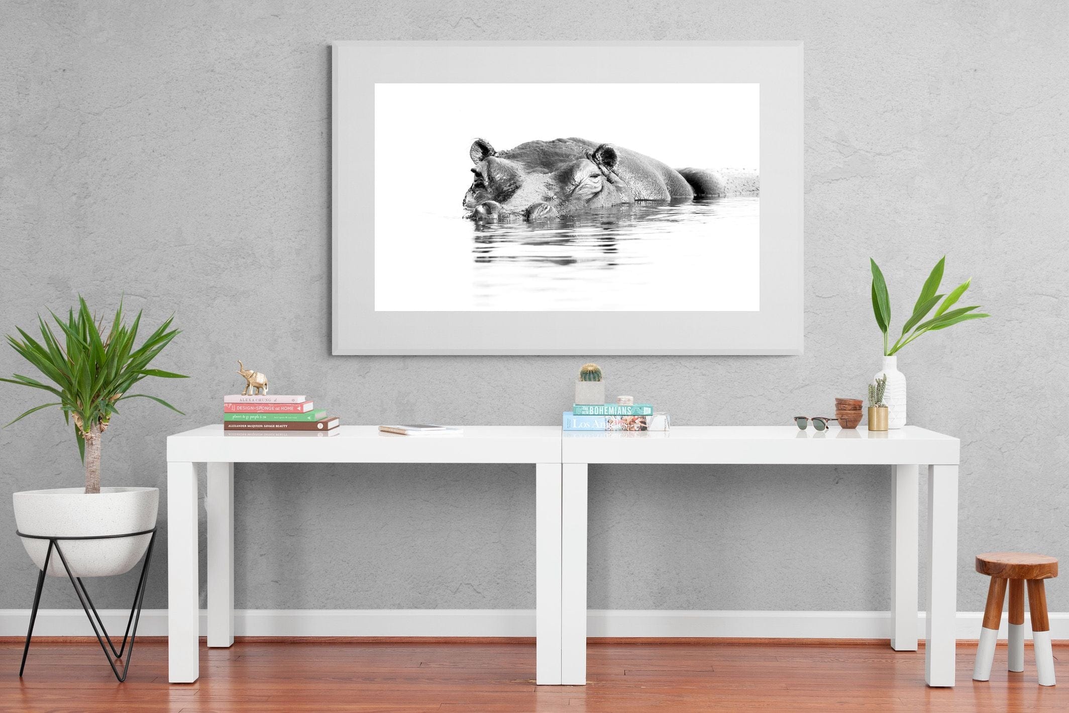 River Hippo-Wall_Art-150 x 100cm-Framed Print-White-Pixalot