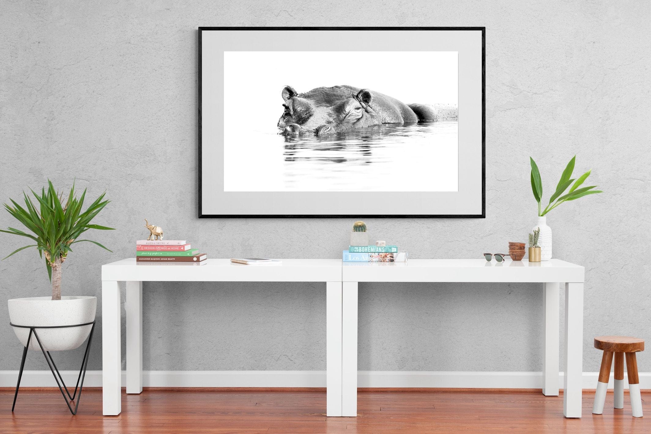 River Hippo-Wall_Art-150 x 100cm-Framed Print-Black-Pixalot