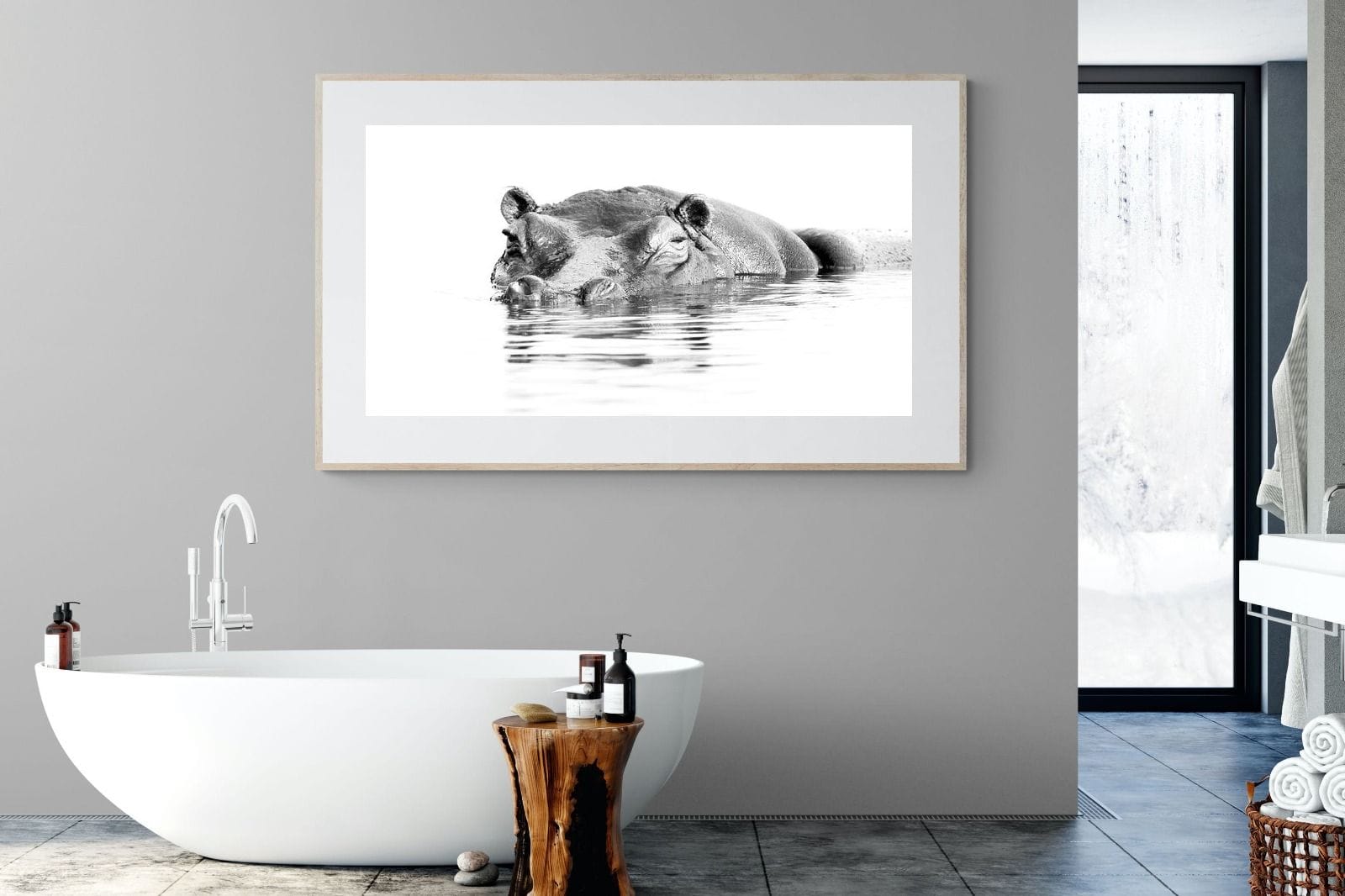 River Hippo-Wall_Art-180 x 110cm-Framed Print-Wood-Pixalot