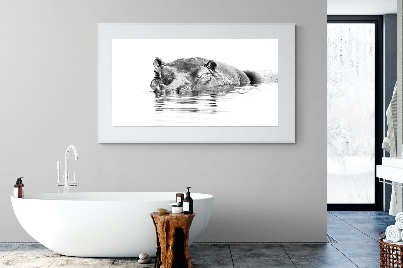 River Hippo-Wall_Art-180 x 110cm-Framed Print-White-Pixalot