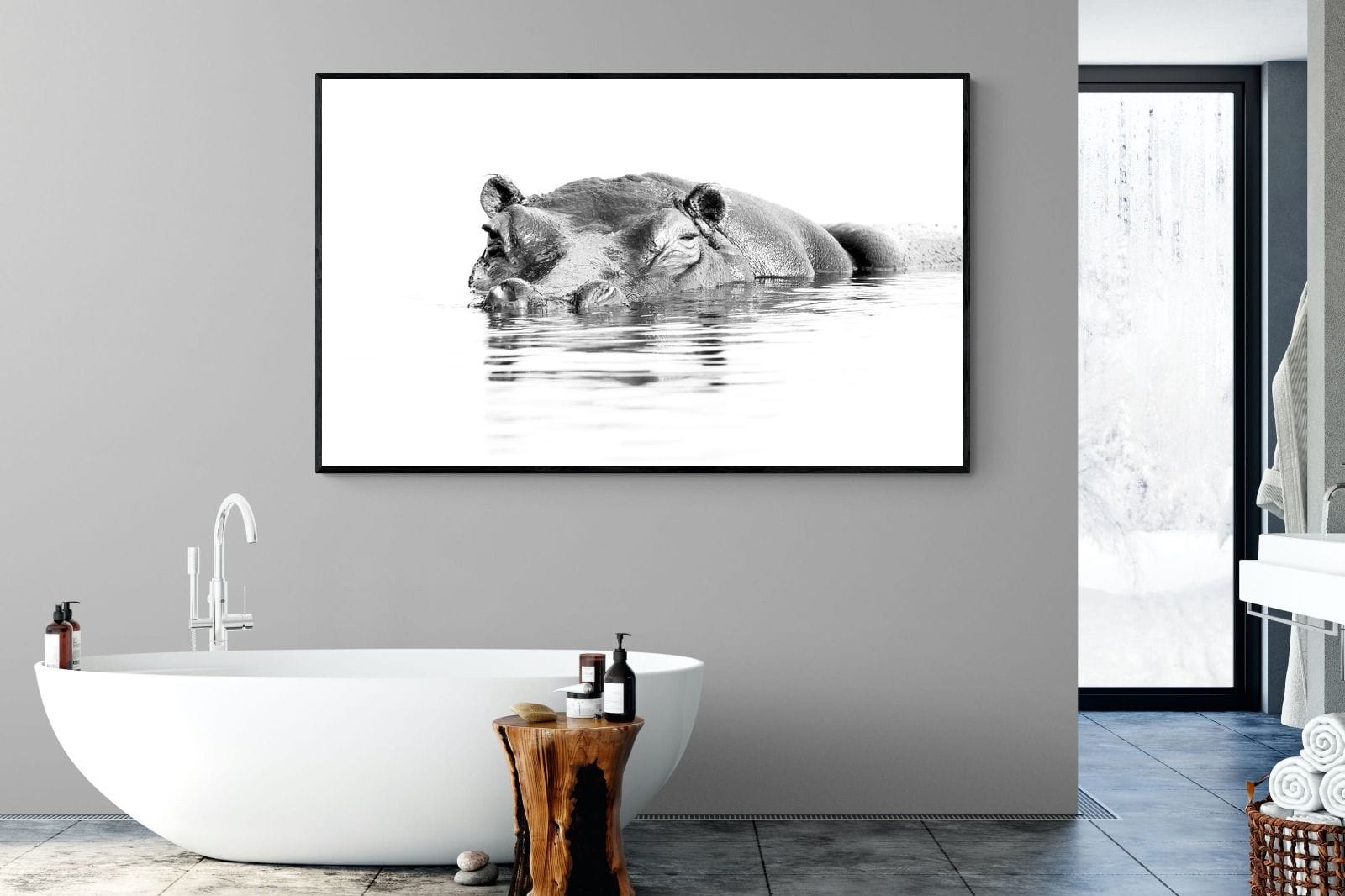 River Hippo-Wall_Art-180 x 110cm-Mounted Canvas-Black-Pixalot